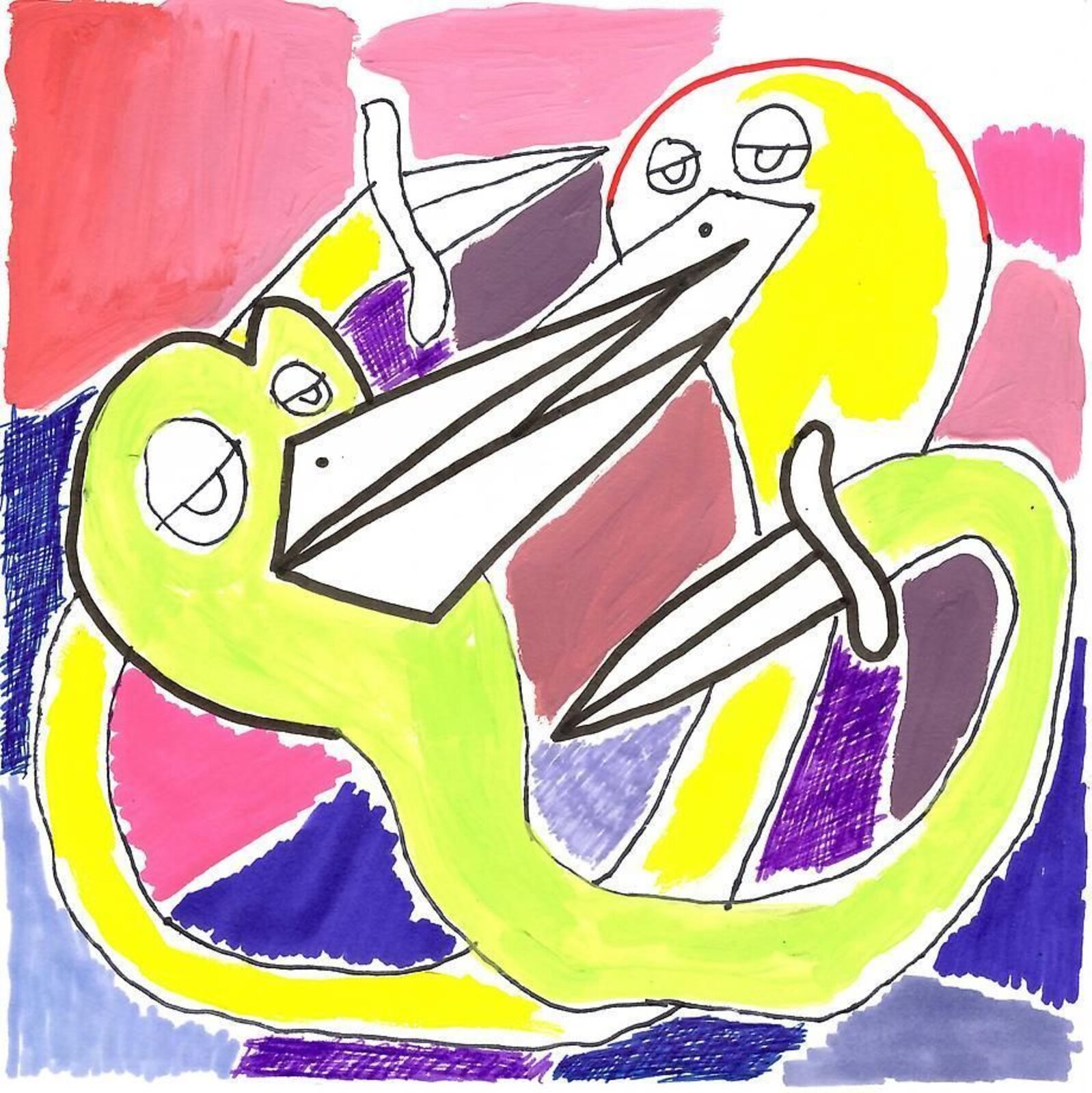 A vibrant, hand-drawn illustration of a green snake coiled around a white bird with a large beak.