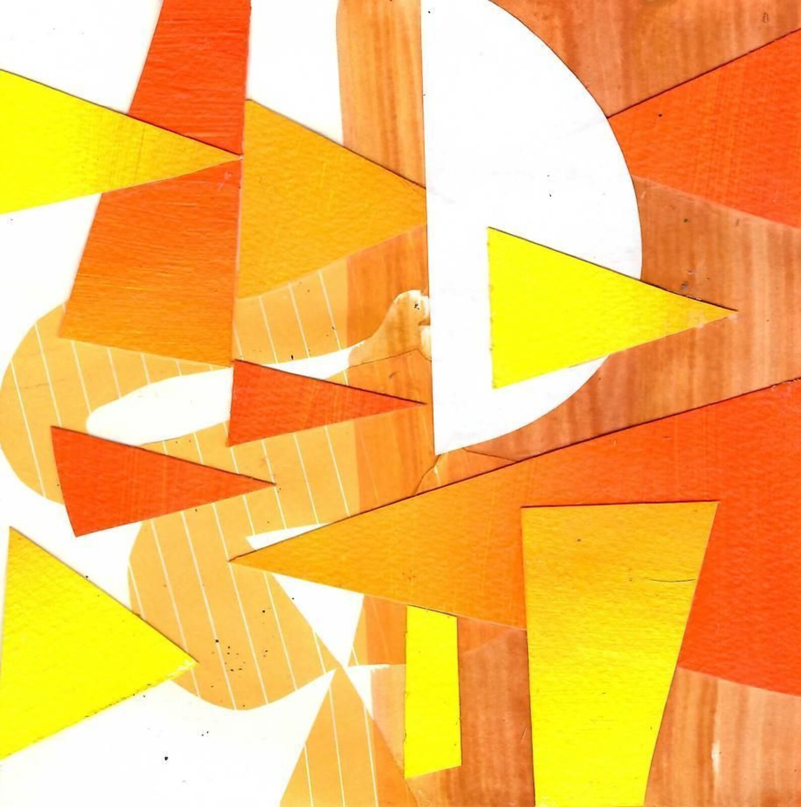 A vibrant geometric composition featuring a stylized face made of colorful, textured shapes.