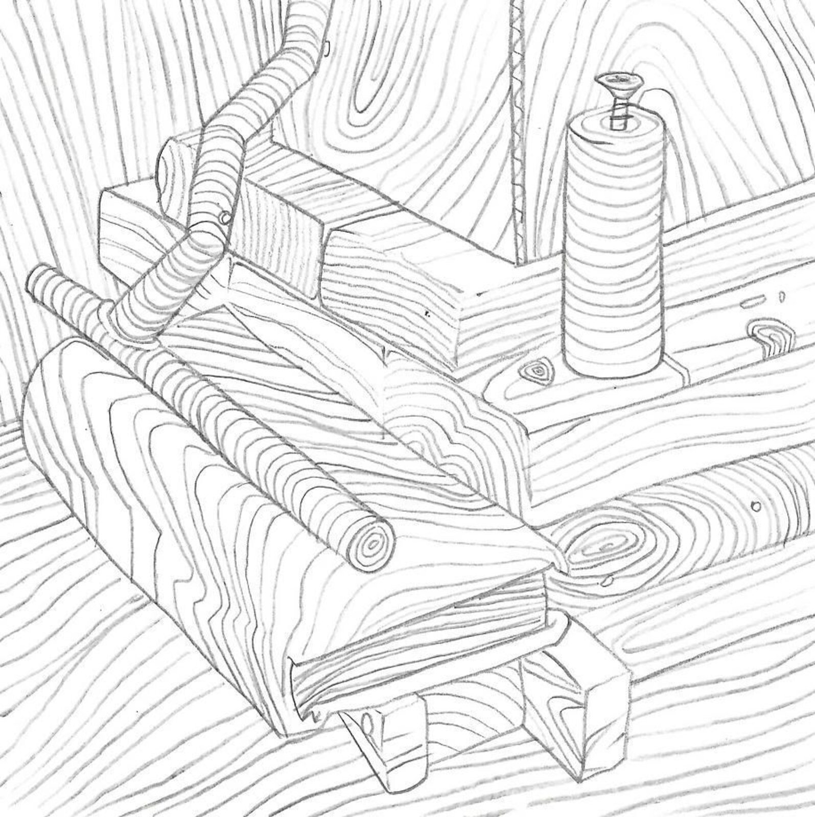 A black-and-white line drawing of a wooden chair with visible grain patterns and a cylindrical object on its seat.