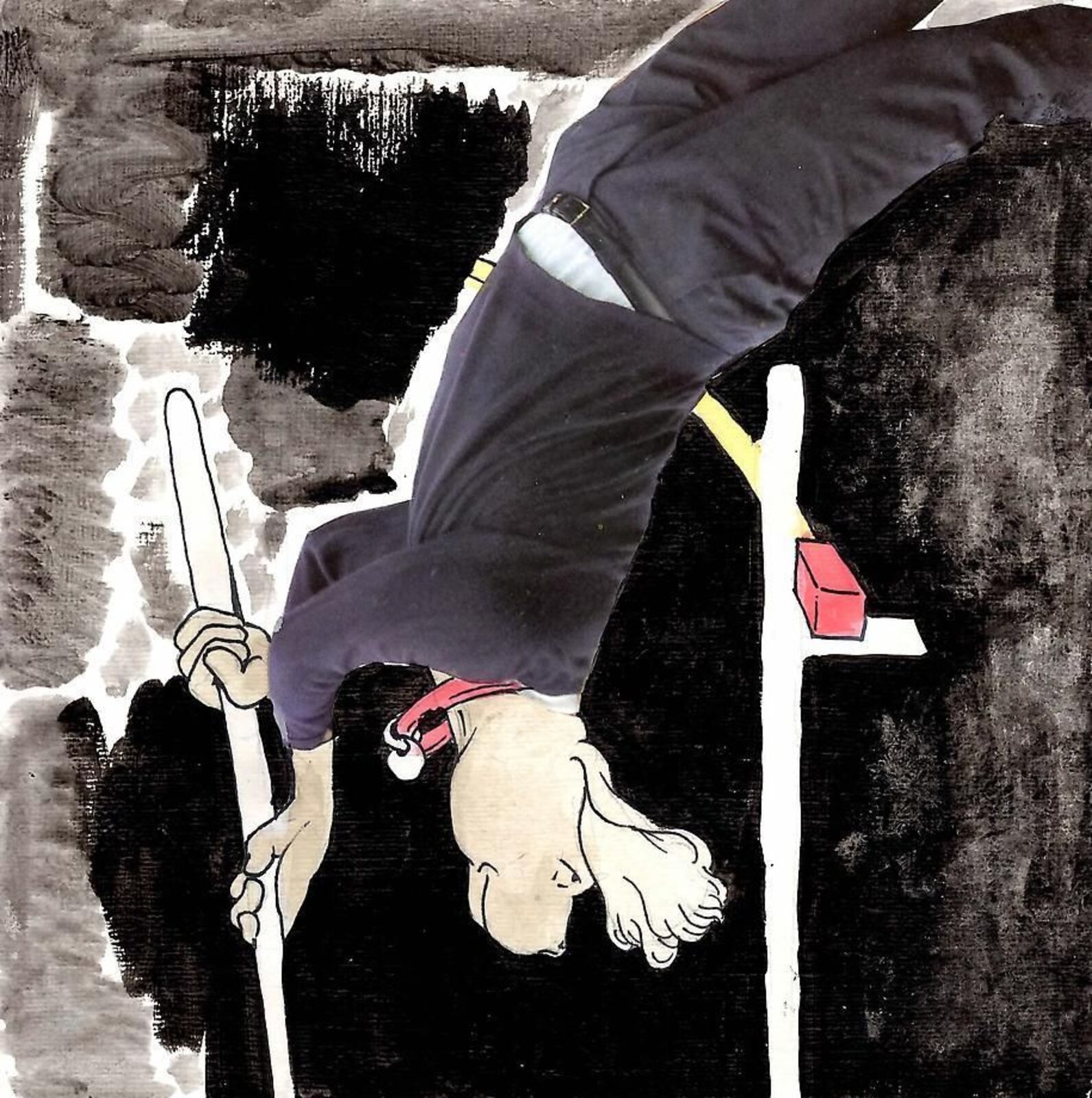 A surreal, upside-down figure in a suit holds a white stick against a dark, ink-wash background.