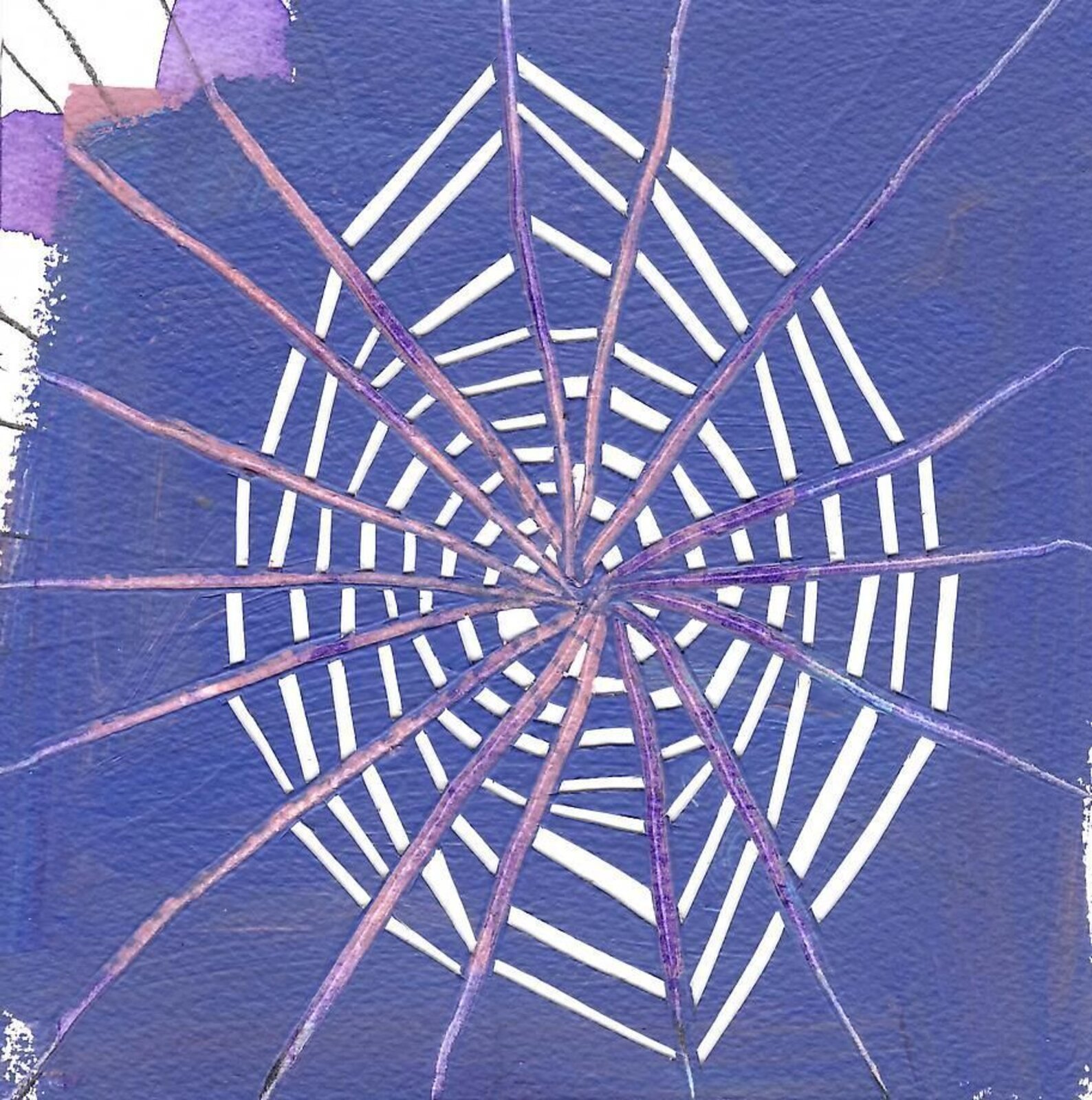 A geometric abstract composition featuring a radial pattern of white bars and purple lines on a textured blue background.