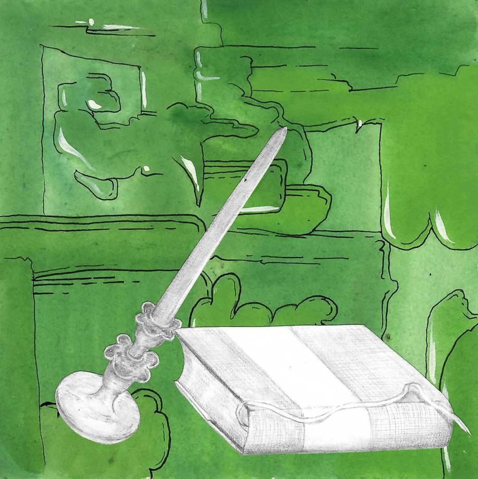 A surreal still life featuring a sword resting on a book against a green, sketchy background.