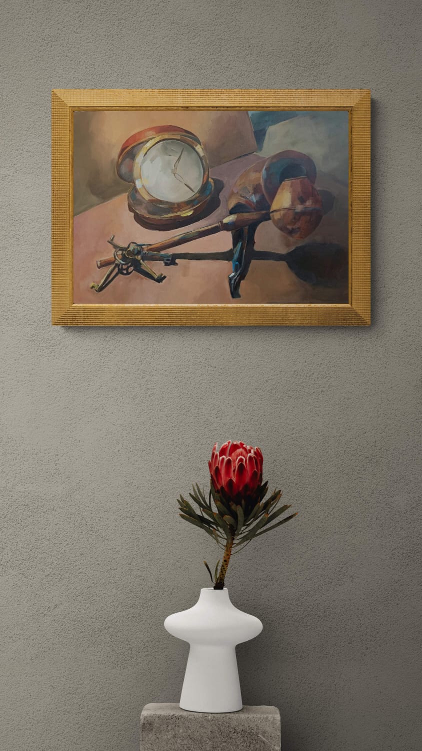A still life painting featuring a brass clock, a wooden stool with a vase, and scattered keys.