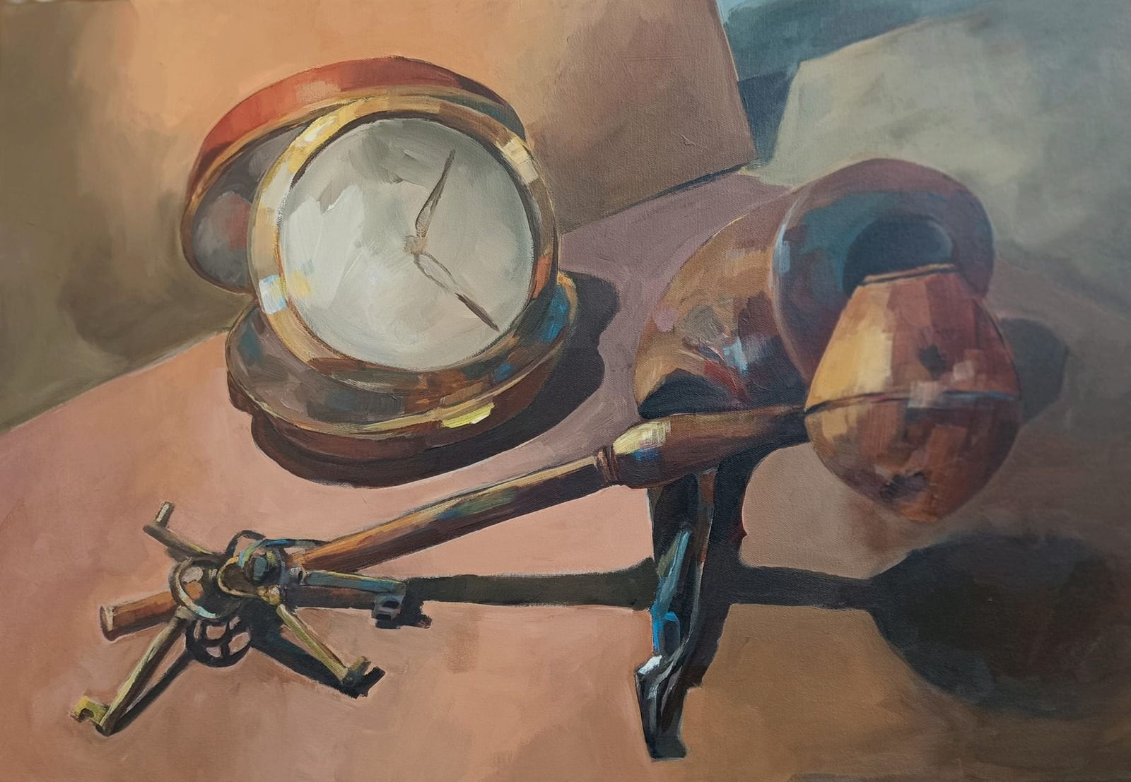 A still life painting featuring a brass clock, a wooden stool with a vase, and scattered keys.