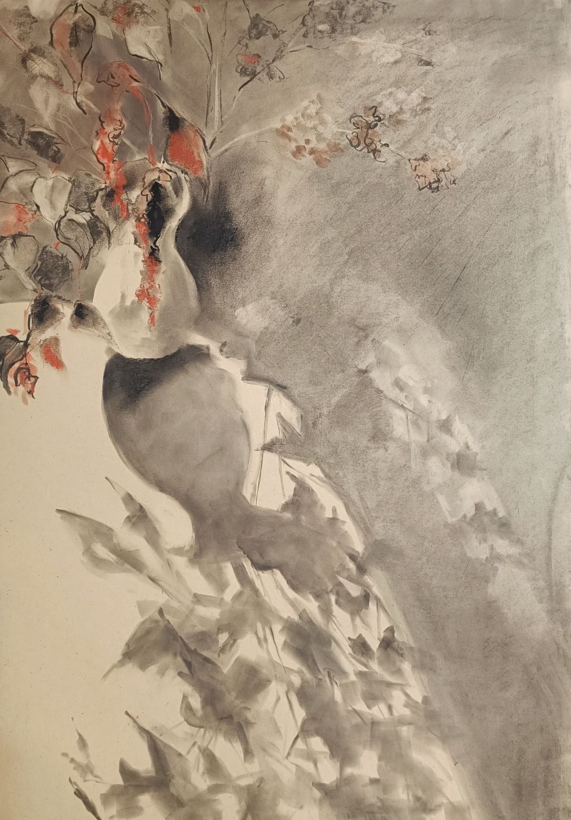 A monochromatic ink study of a bird perched on a branch with subtle red accents.