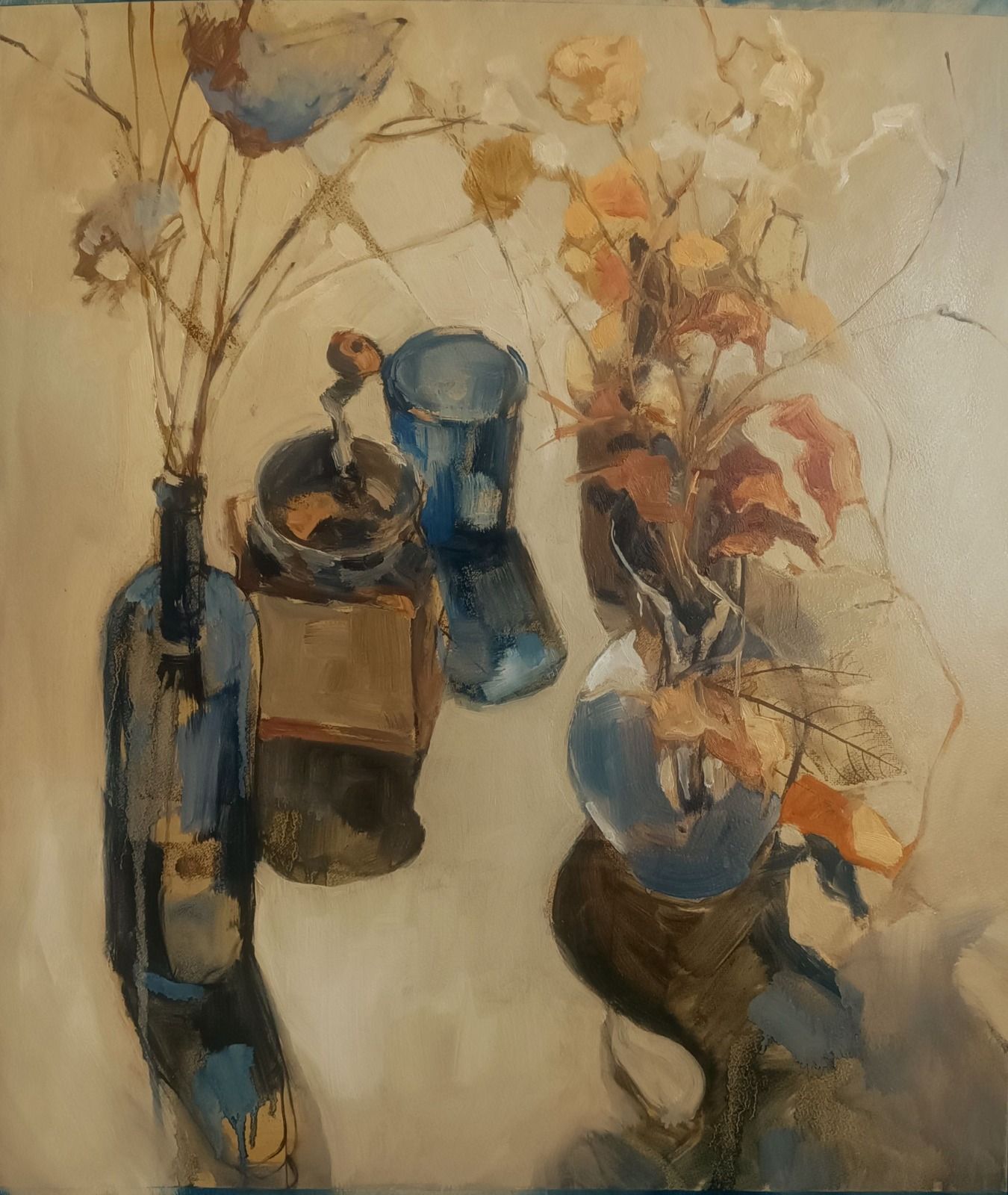 A still life painting featuring blue ceramic vessels and a coffee grinder with dried botanicals, rendered in an expressive, loose brushwork style.