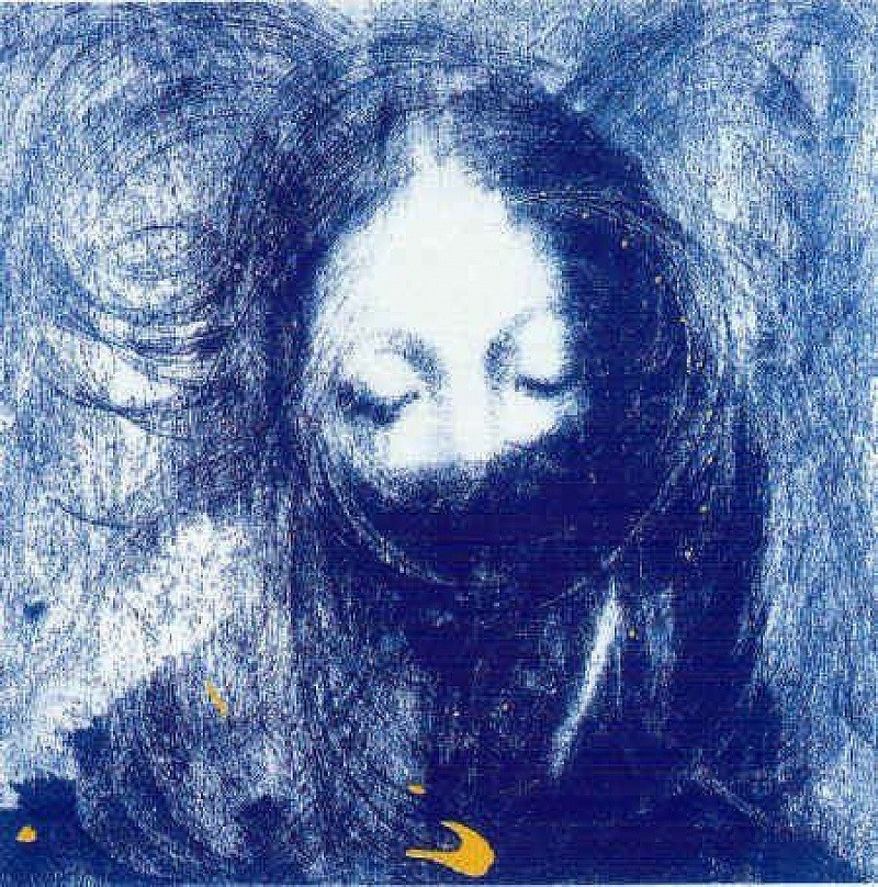 A blue and white drawing of a woman with long hair.
