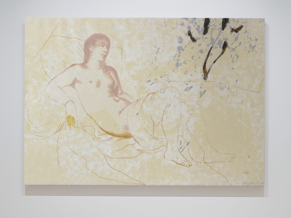 A muted-toned print of a reclining figure against a textured, abstract background.