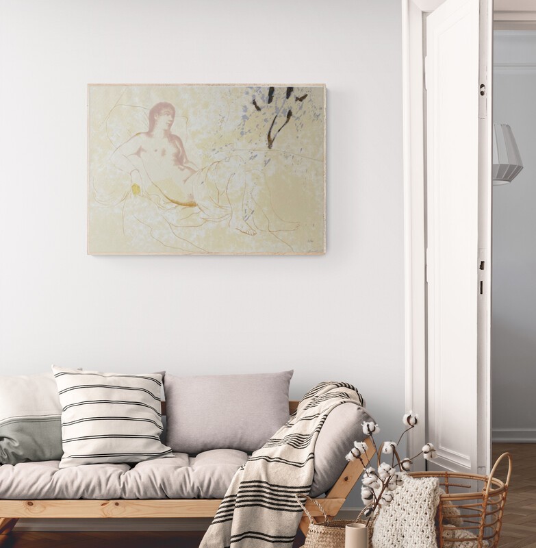 A muted-toned print of a reclining figure against a textured, abstract background.