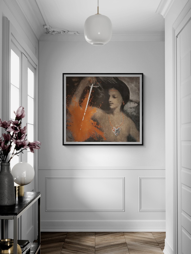 A classical-style figure is reimagined with a modern, aggressive orange paint splatter and a heart-shaped pendant.
