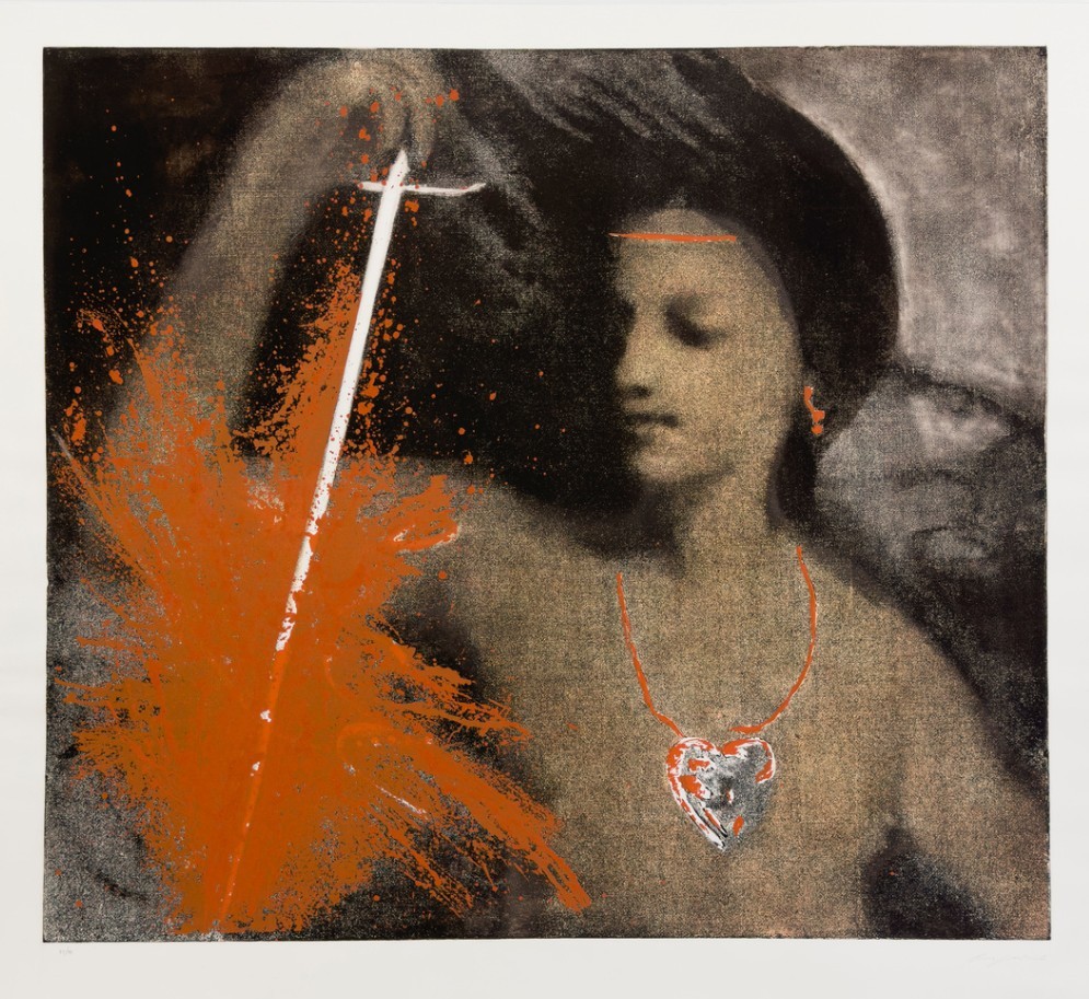 A classical-style figure is reimagined with a modern, aggressive orange paint splatter and a heart-shaped pendant.