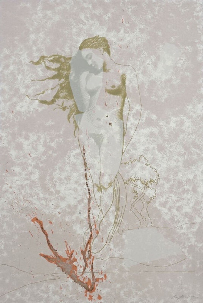 A monochromatic figure with flowing hair and a splattered lower body against a textured background.