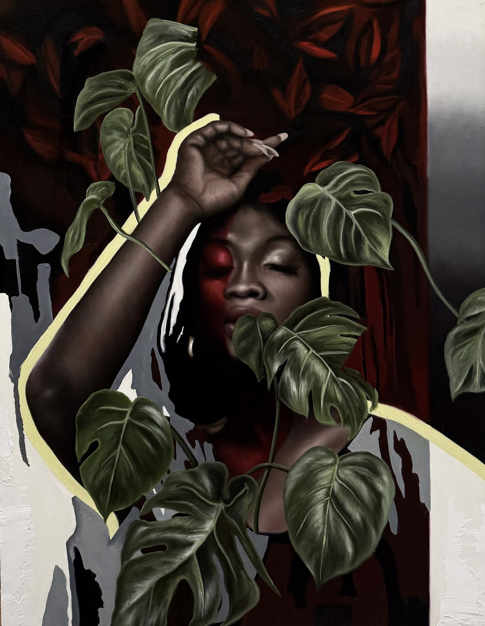 A painting of a woman holding a plant in her hand.