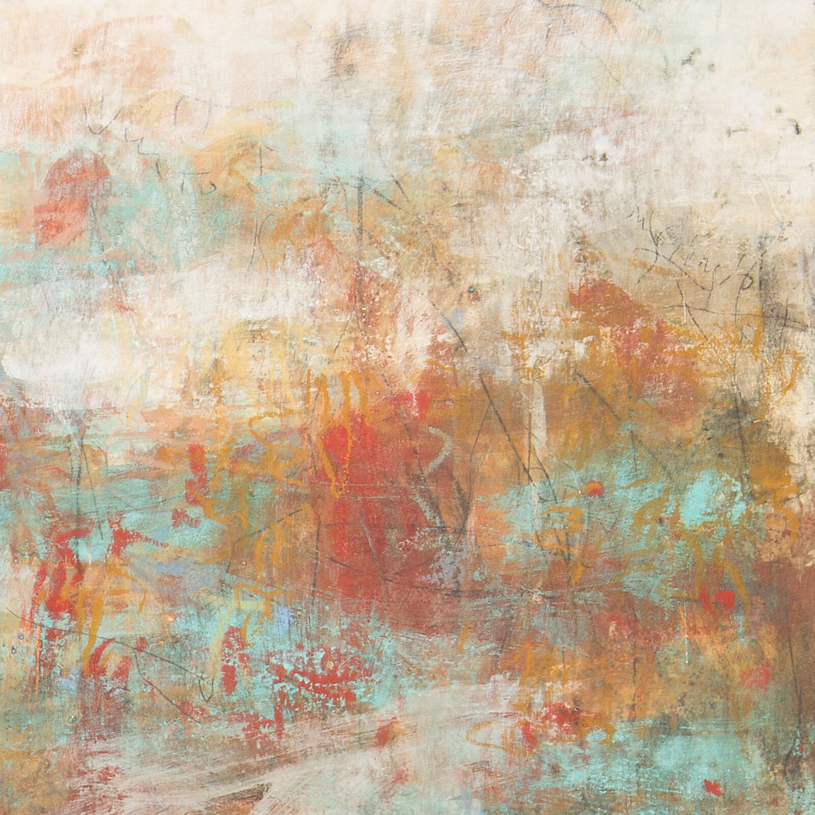 Artwork by Orazio De Gennaro, V:MMX - Azure, White and Red Abstract Pastel Oil Painting, Made of Graphite, pigment, and oil pastel on canvas. 