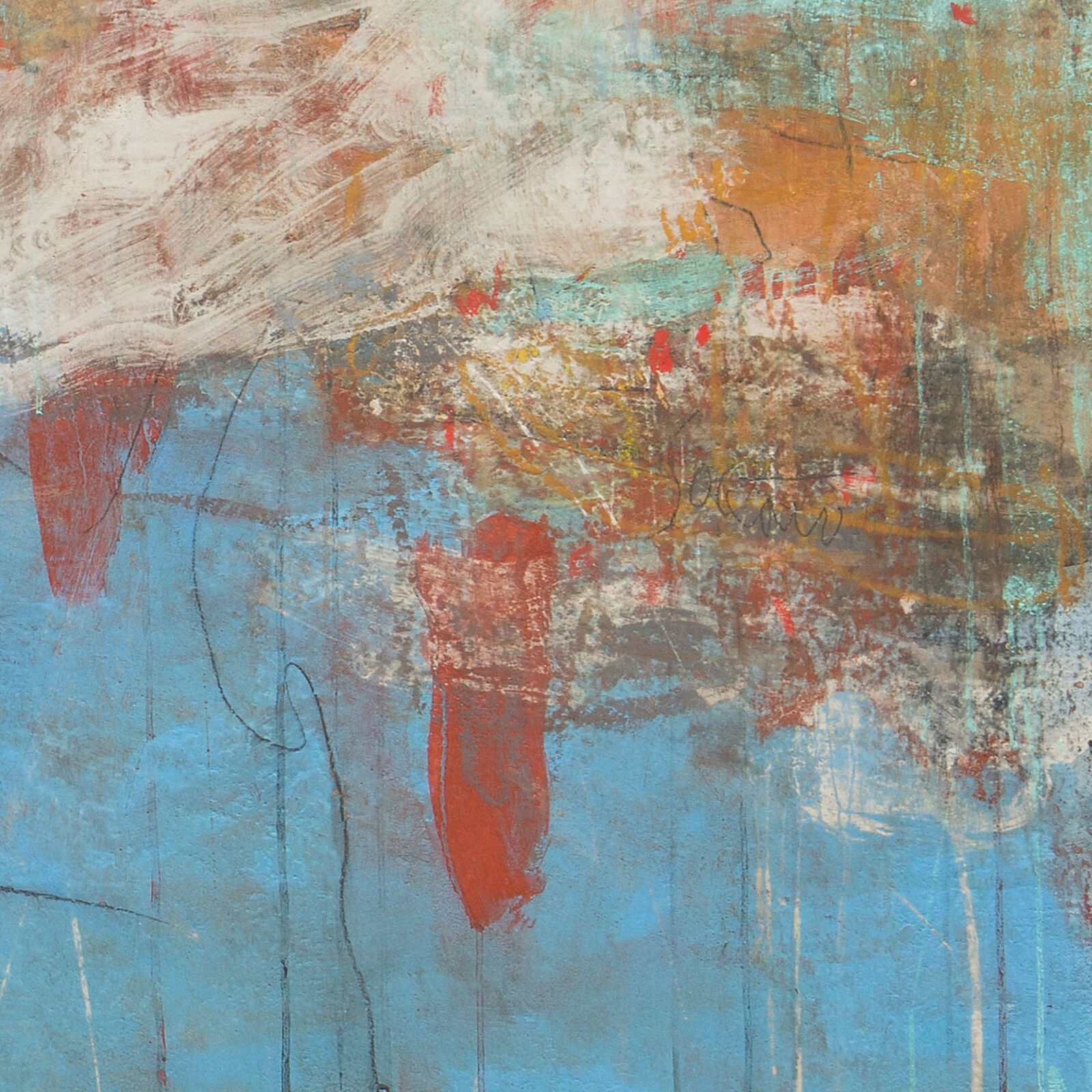 Artwork by Orazio De Gennaro, V:MMX - Azure, White and Red Abstract Pastel Oil Painting, Made of Graphite, pigment, and oil pastel on canvas. 