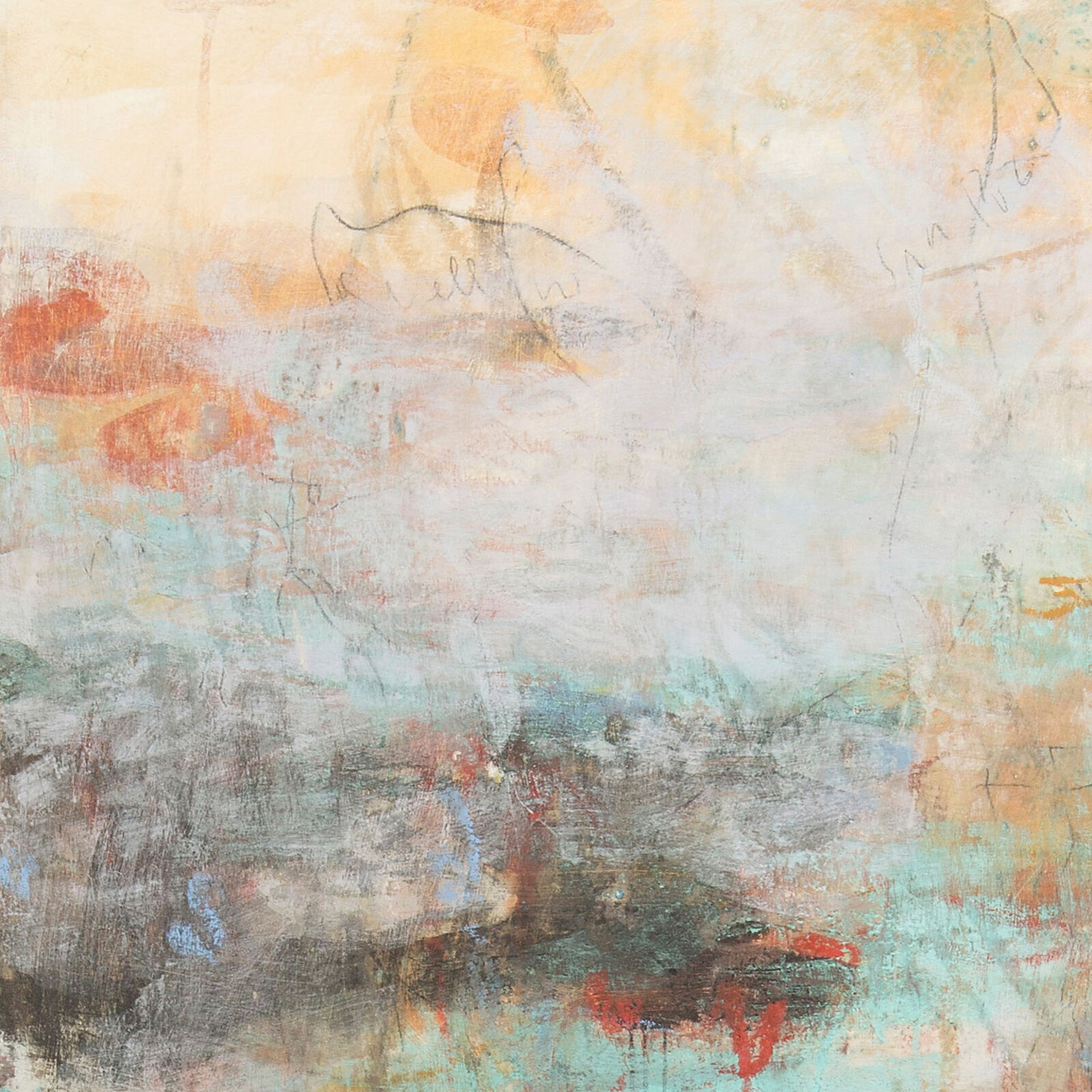 Artwork by Orazio De Gennaro, V:MMX - Azure, White and Red Abstract Pastel Oil Painting, Made of Graphite, pigment, and oil pastel on canvas. 