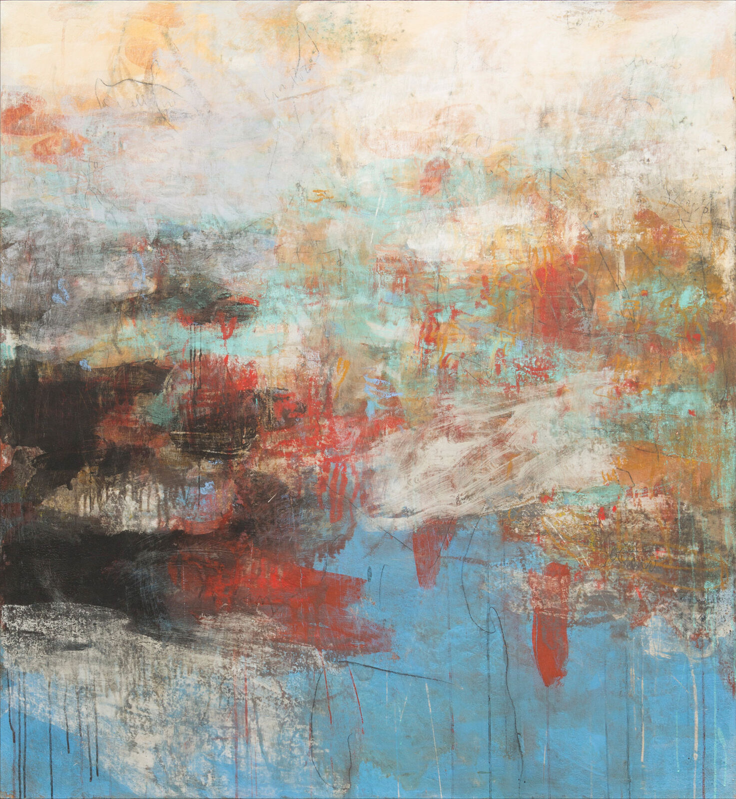 V:MMX - Azure, White and Red Abstract Pastel Oil Painting by Orazio De Gennaro, 2010