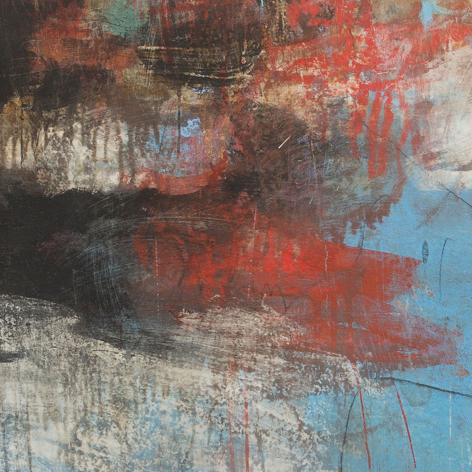 Artwork by Orazio De Gennaro, V:MMX - Azure, White and Red Abstract Pastel Oil Painting, Made of Graphite, pigment, and oil pastel on canvas. 