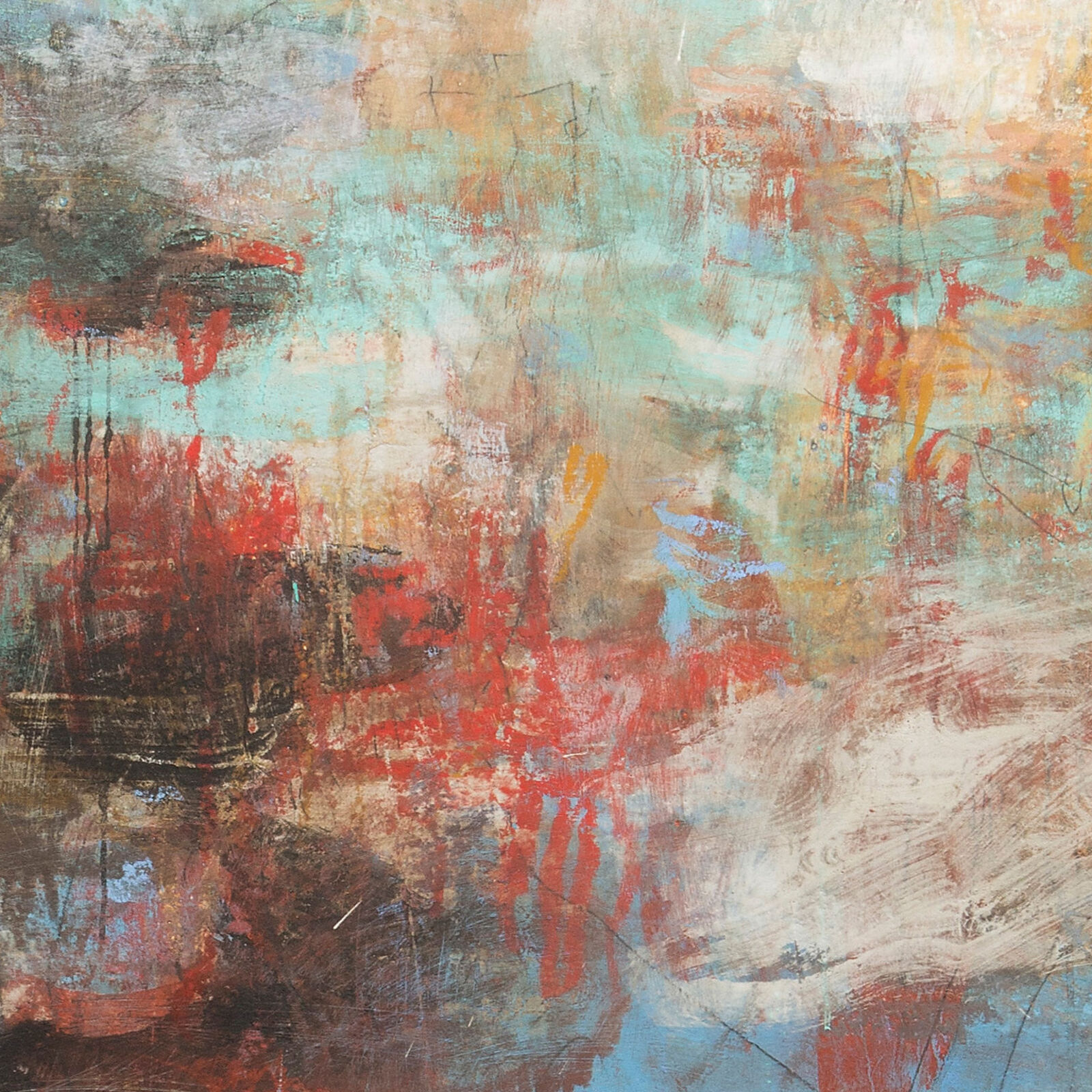 Artwork by Orazio De Gennaro, V:MMX - Azure, White and Red Abstract Pastel Oil Painting, Made of Graphite, pigment, and oil pastel on canvas. 
