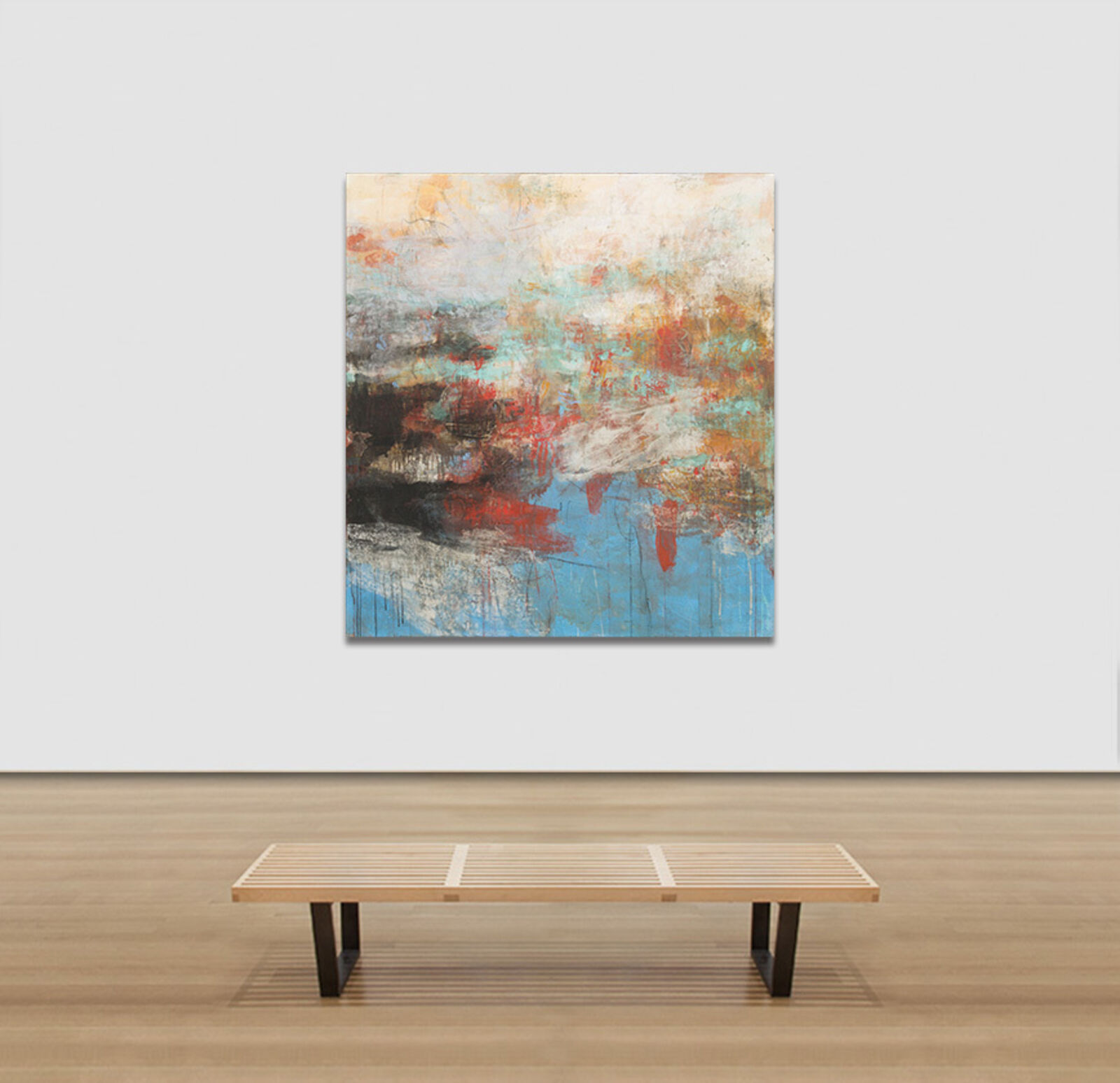Artwork by Orazio De Gennaro, V:MMX - Azure, White and Red Abstract Pastel Oil Painting, Made of Graphite, pigment, and oil pastel on canvas. 