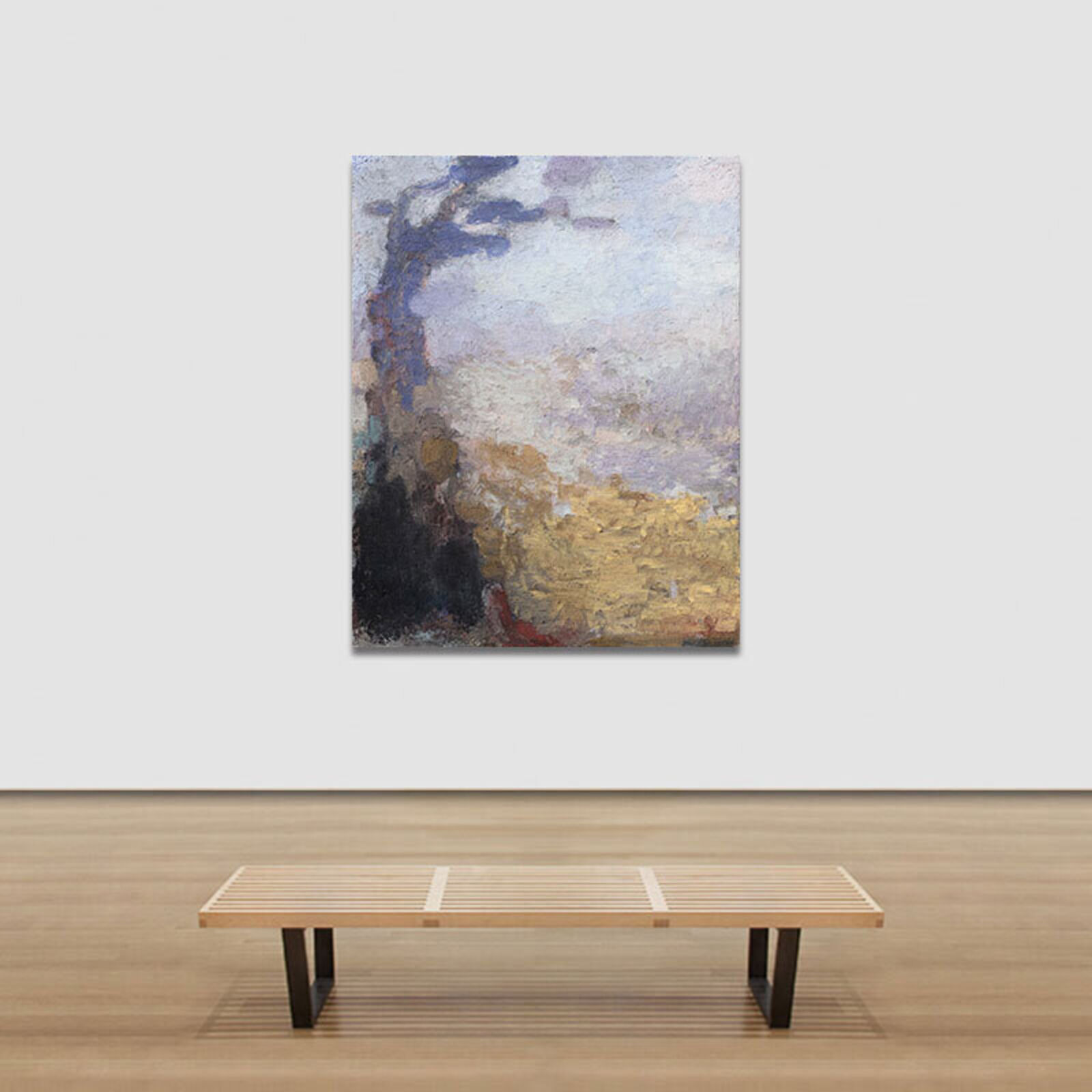 A painting of a landscape with a tree in the foreground.