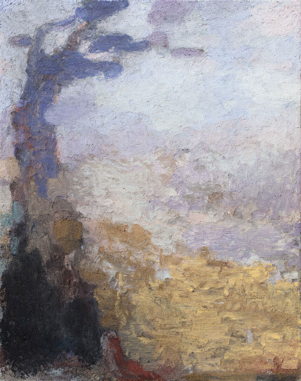 A painting of a landscape with a tree in the foreground.