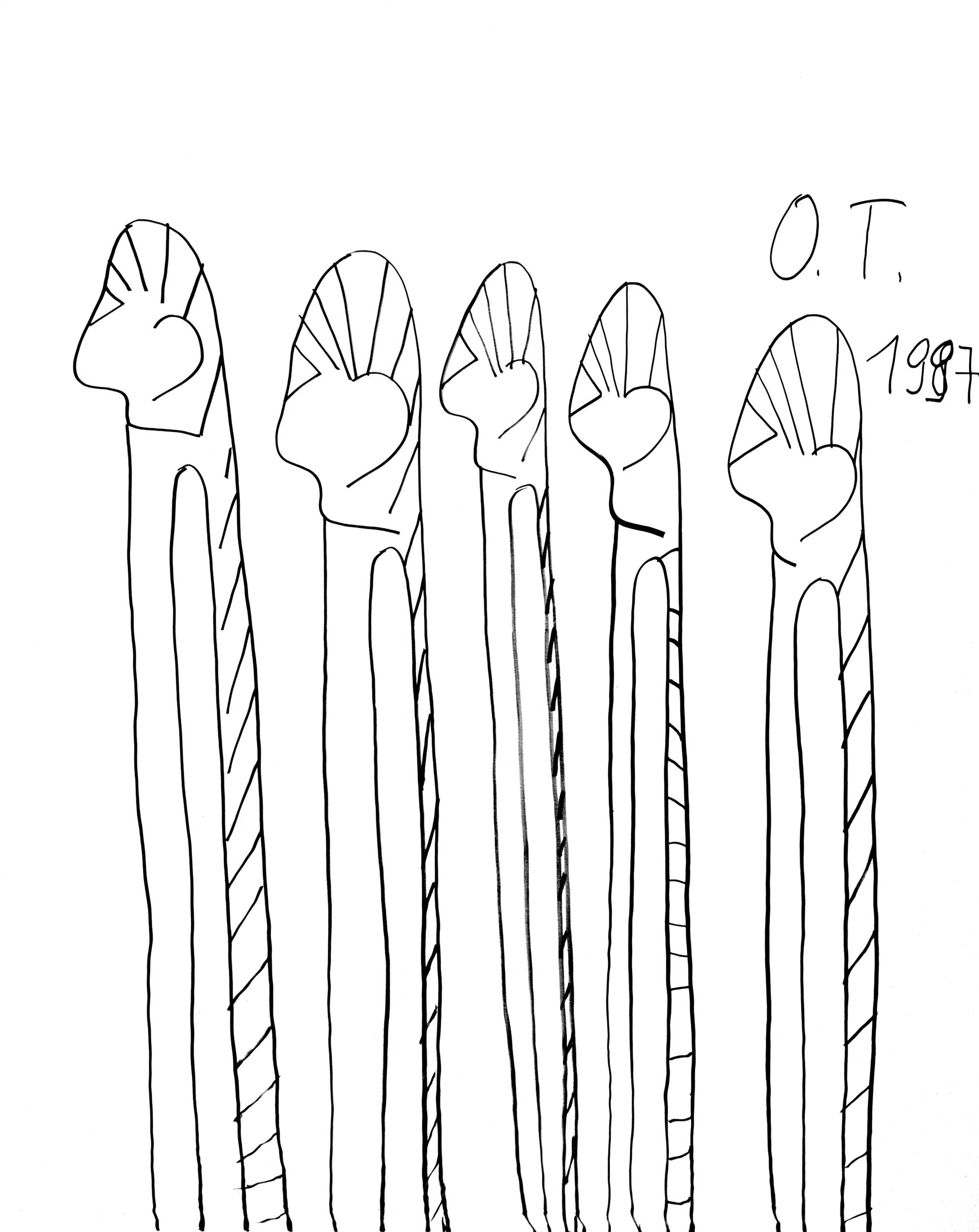 A line drawing of a group of walking sticks.