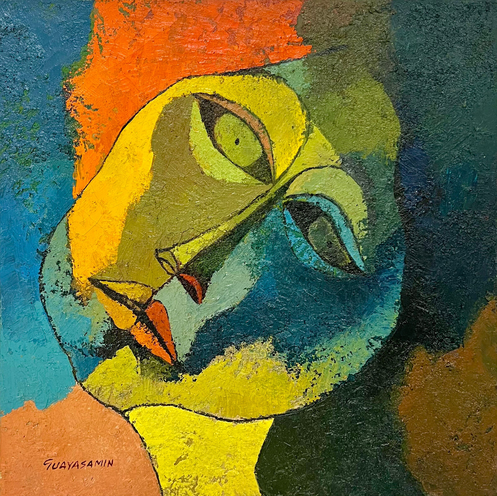 A painting of a woman's face on a colorful background.