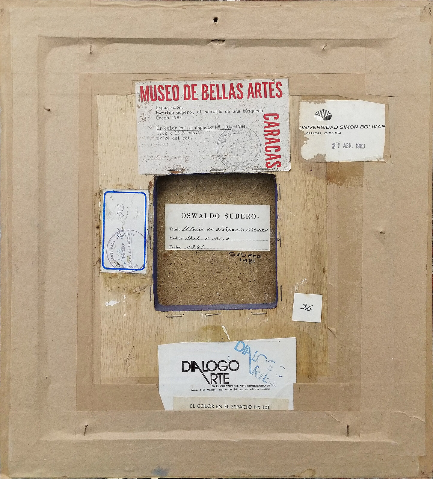 A painting of blue, black, white, and red squares.