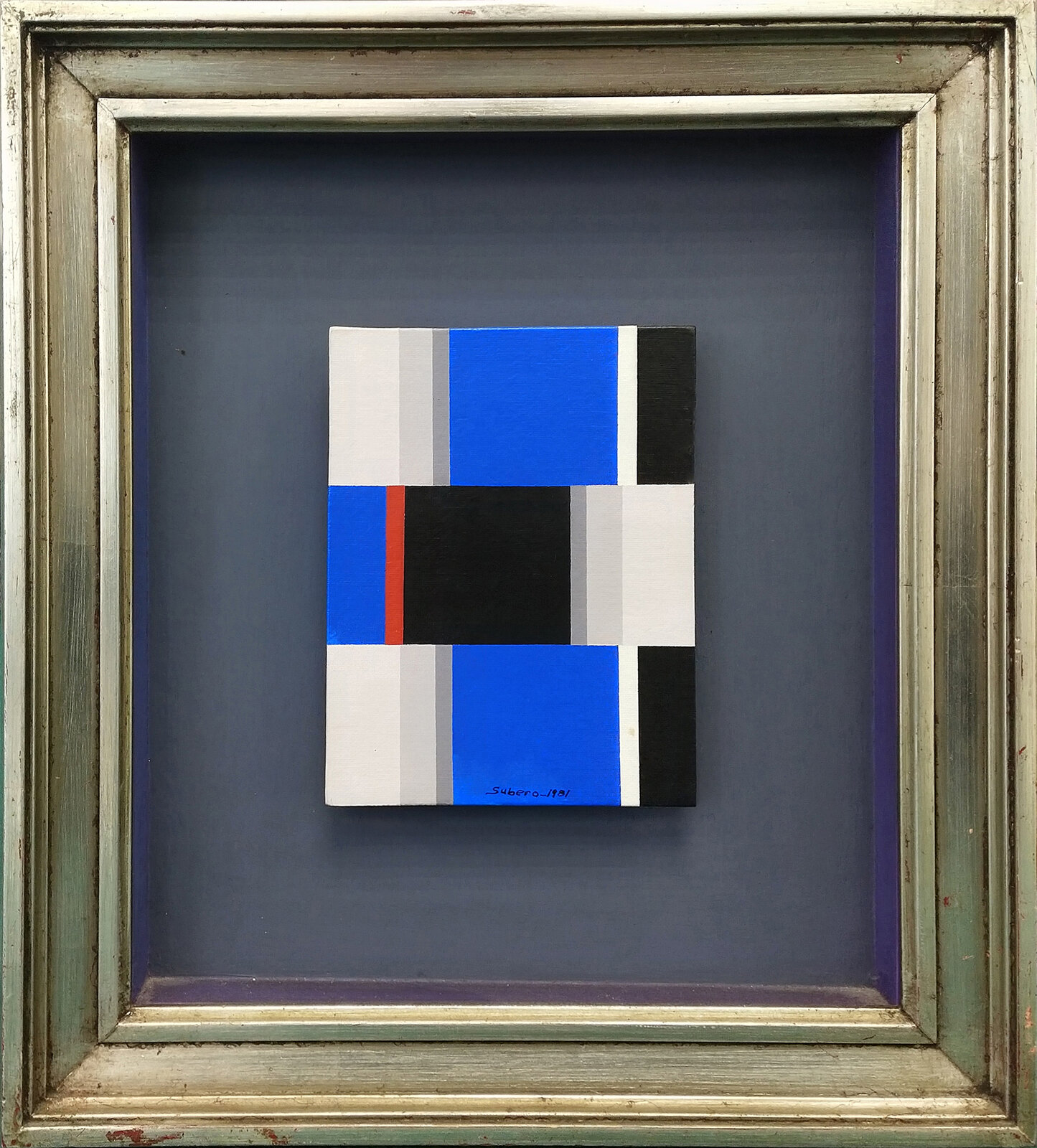 A painting of blue, black, white, and red squares.