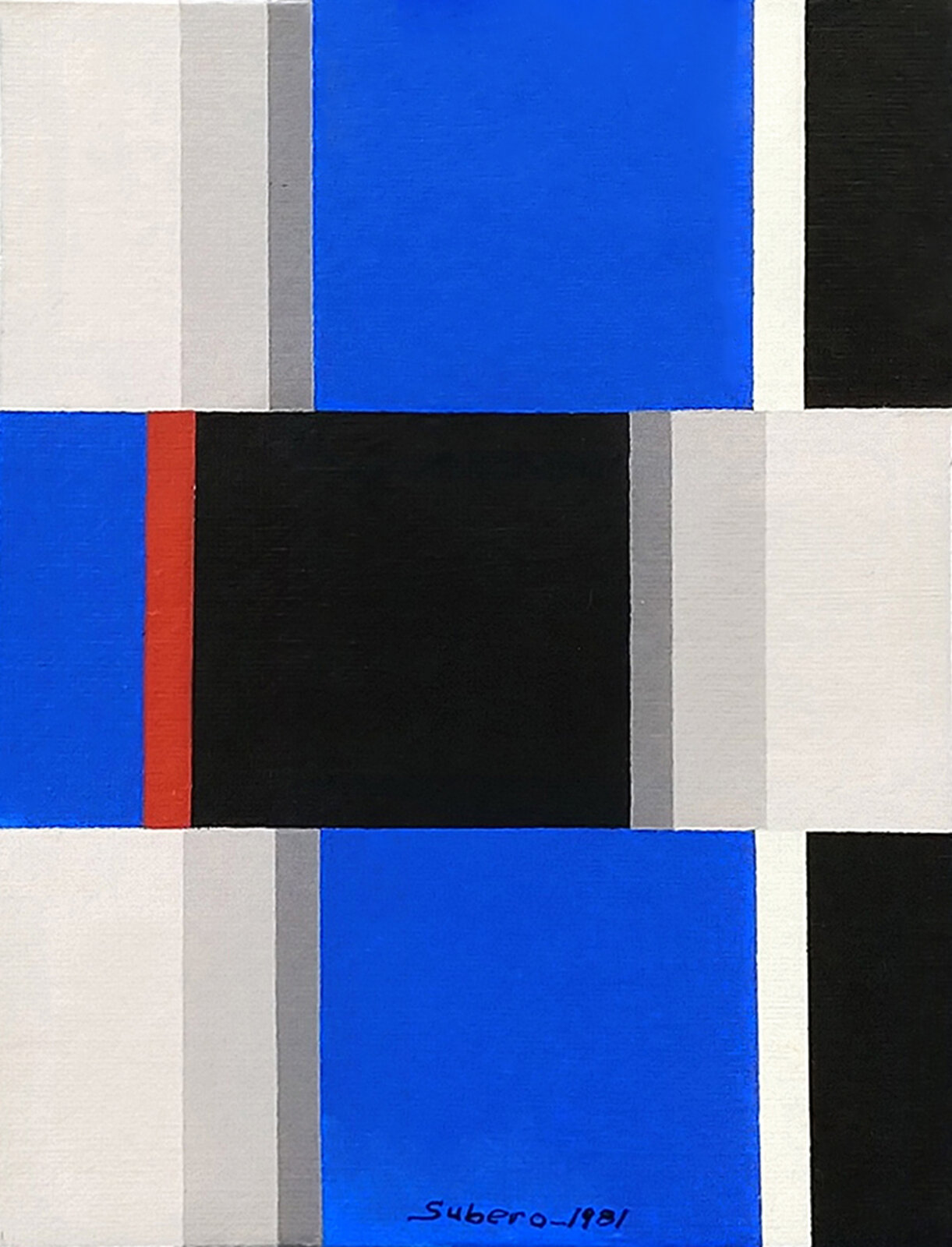 A painting of blue, black, white, and red squares.