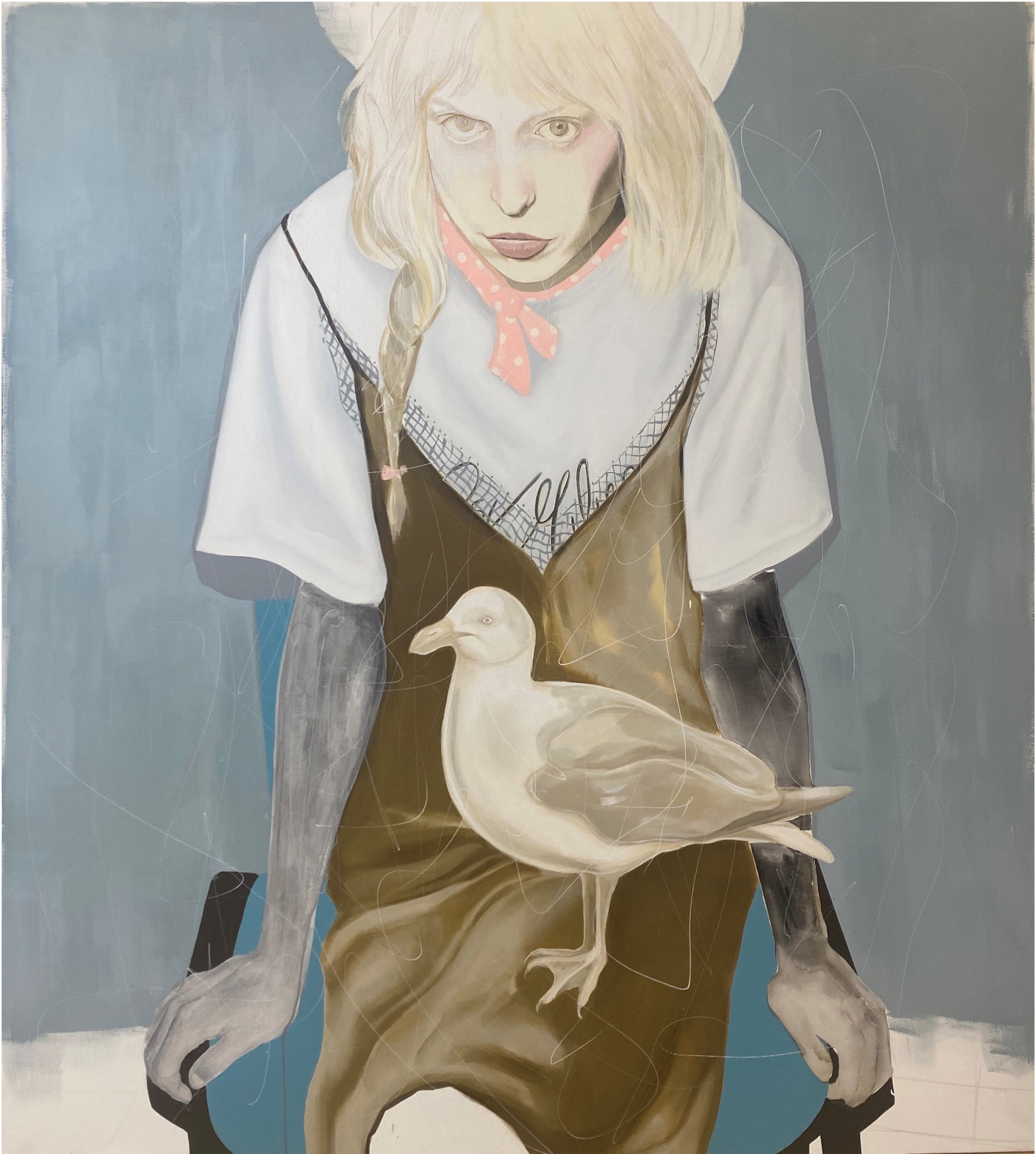 A painting of a woman holding a seagull on her arm.