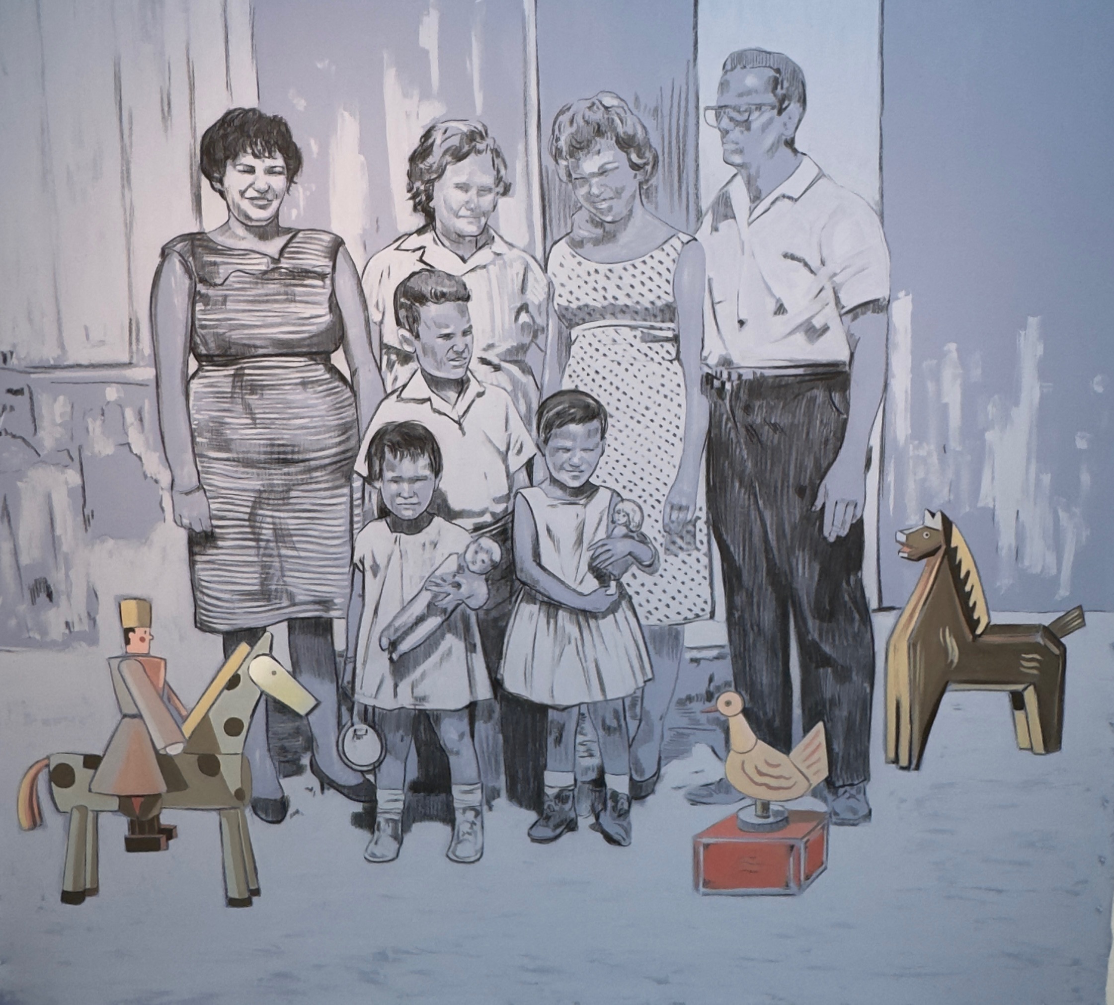 A drawing of a family standing in front of a wall.