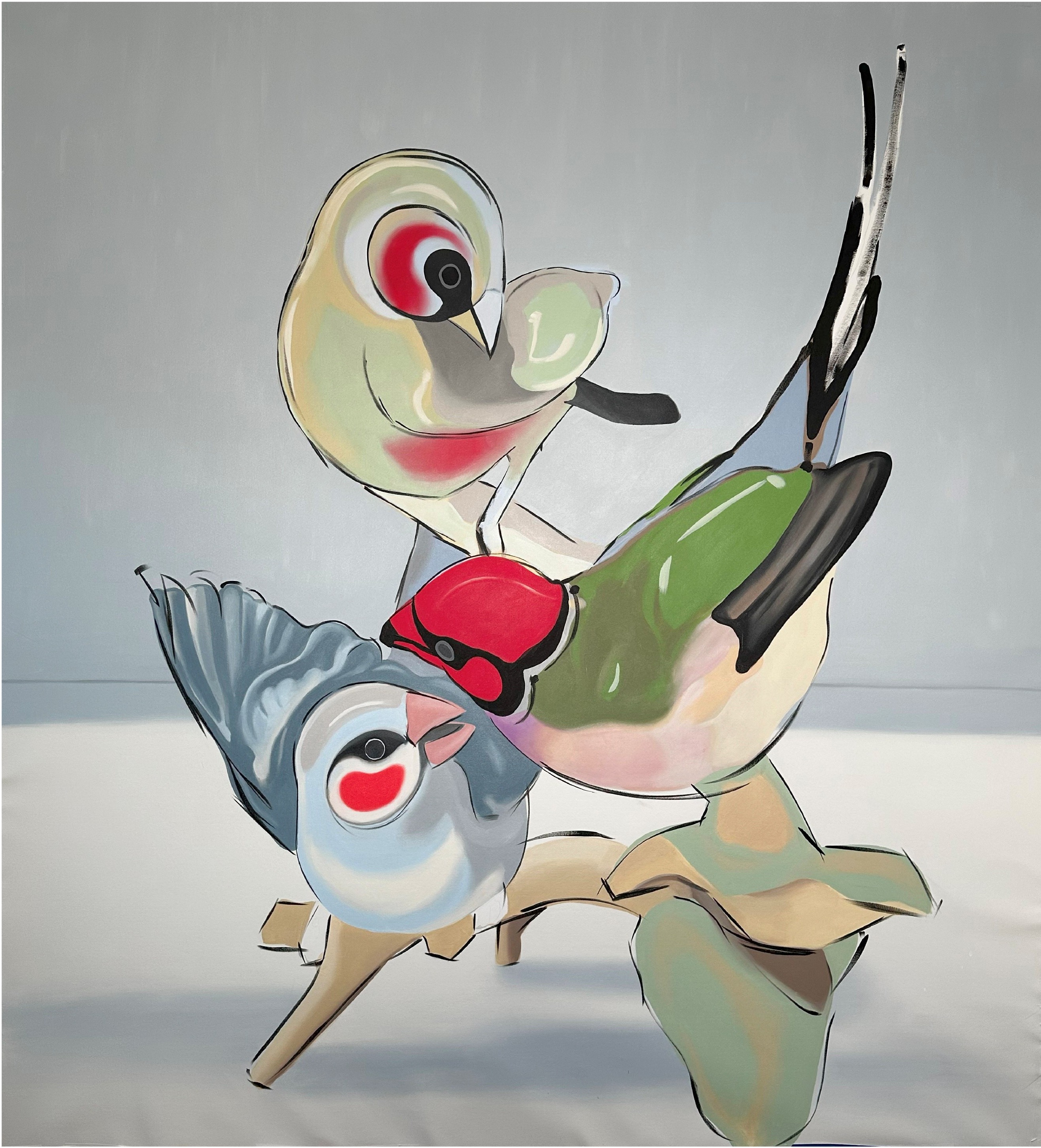 A painting of two birds sitting on top of each other.