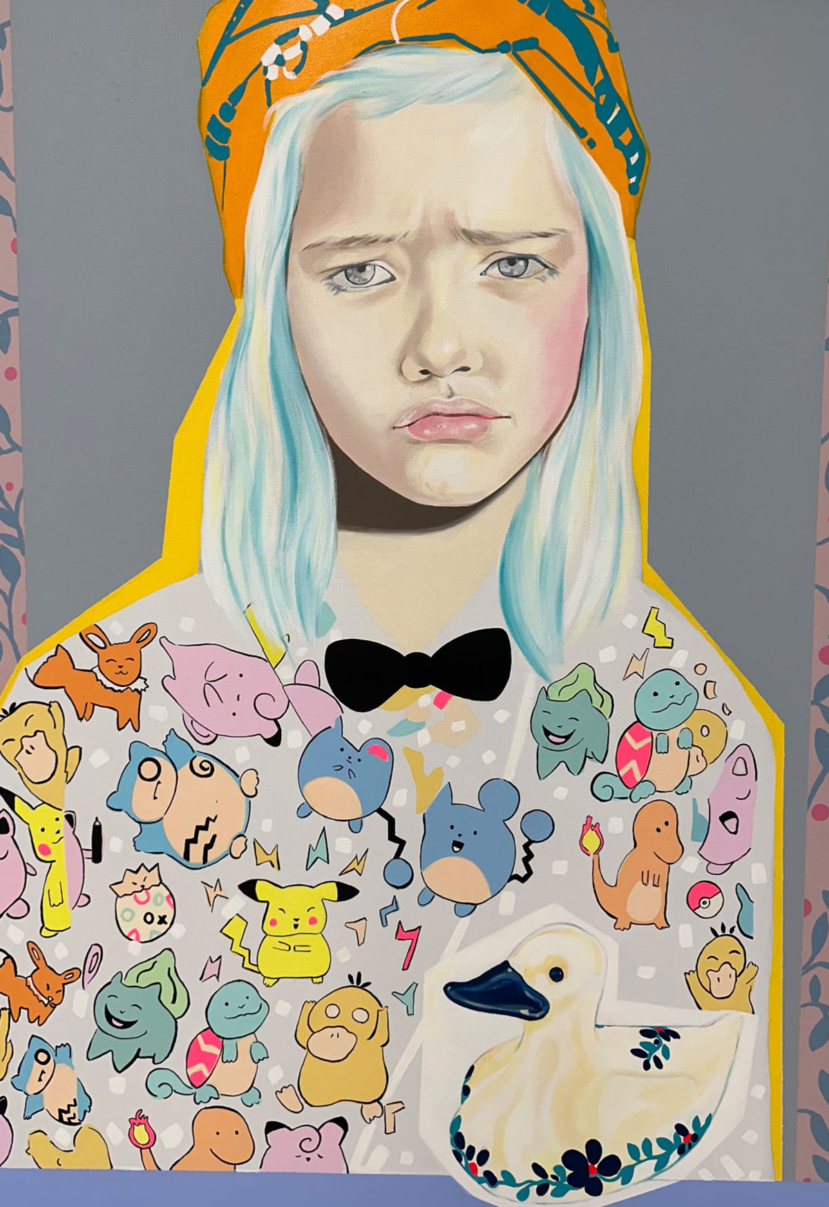 A painting of a girl with blue hair and a bow tie.