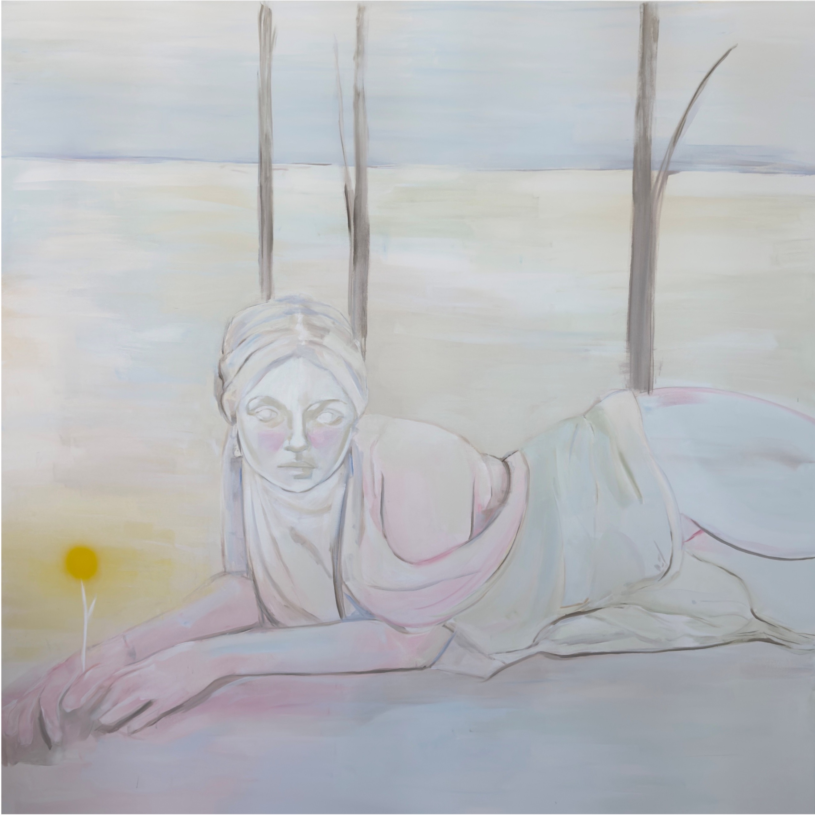 A painting of a woman laying on the ground with a flower in her hand.