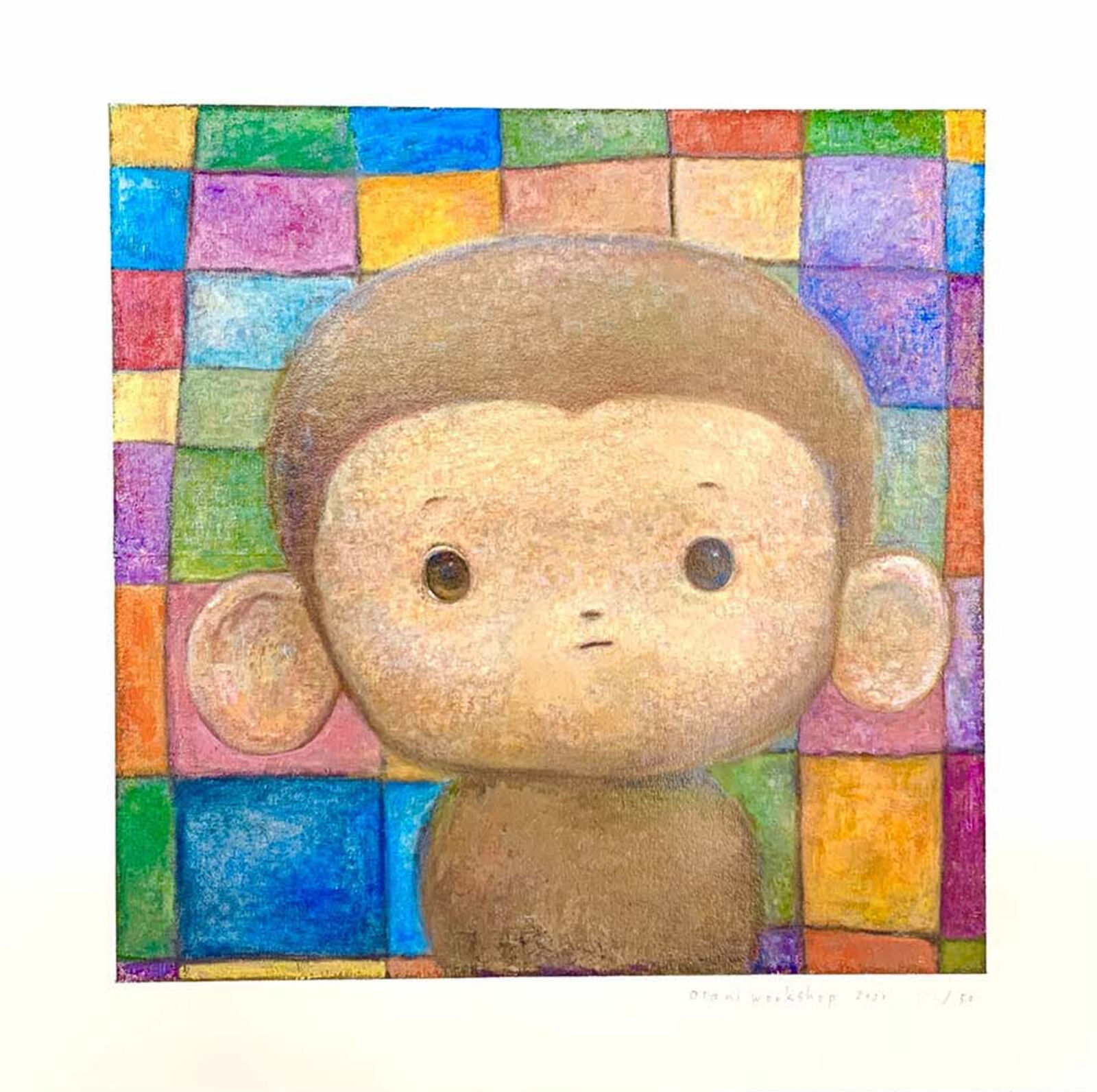 A painting of a small monkey on a colorful background.