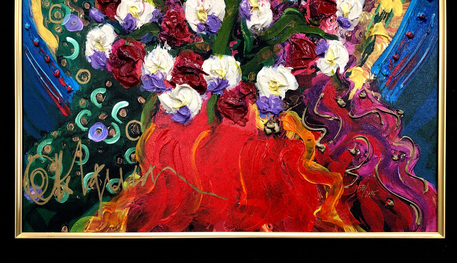 A painting of three women with flowers in a gold frame.