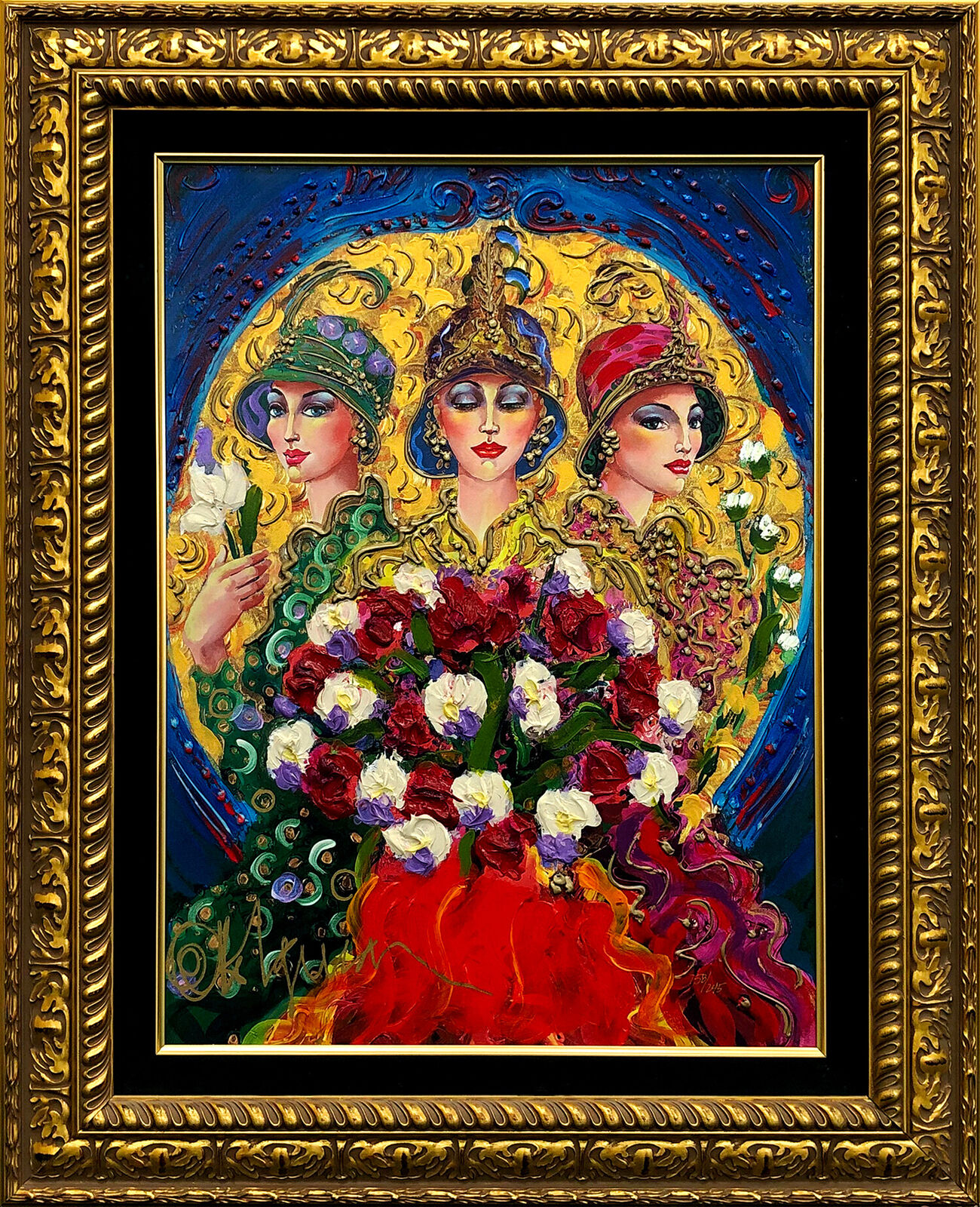 A painting of three women with flowers in a gold frame.