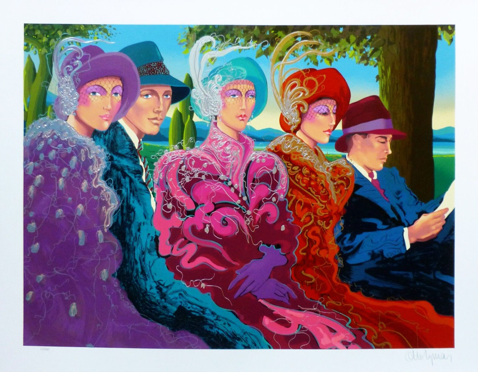 A painting of a group of people sitting on a bench.