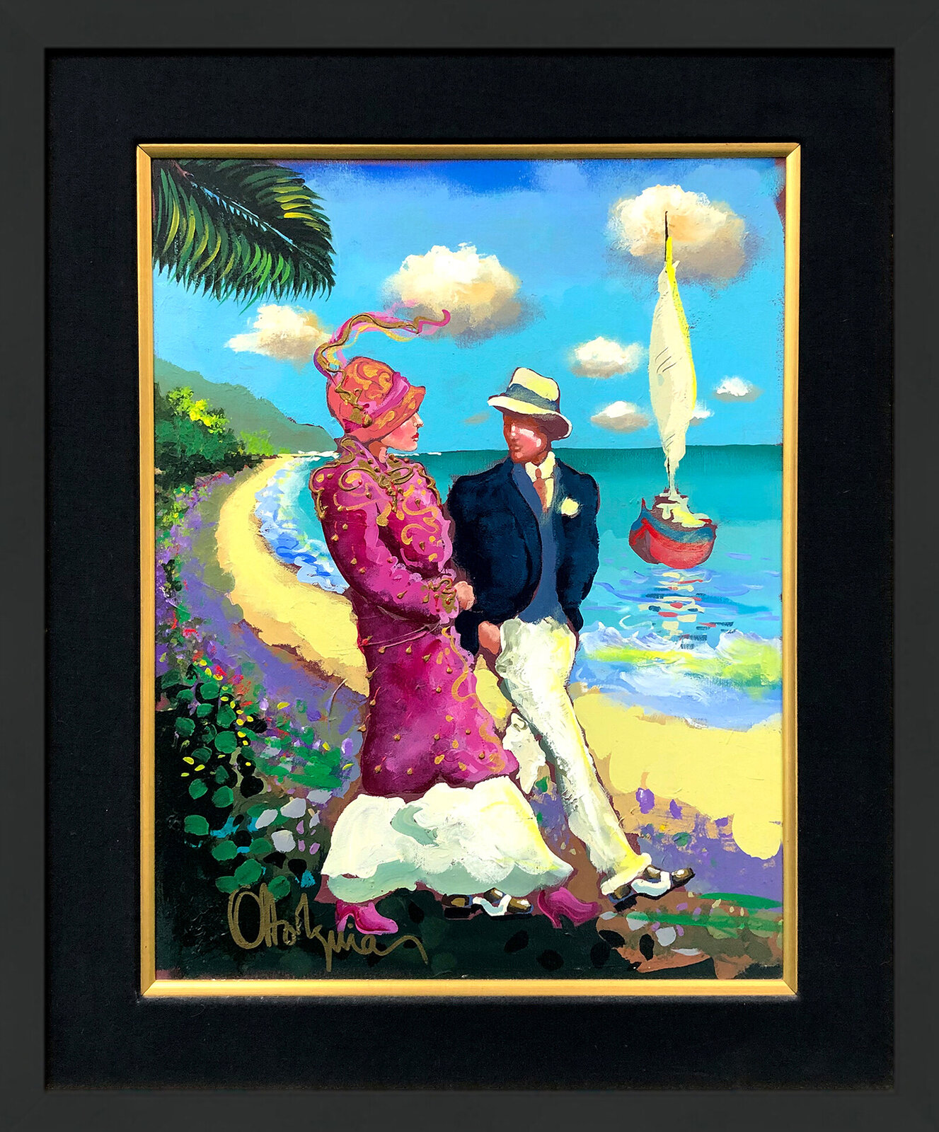 A vibrant tropical scene featuring a couple in formal attire standing on a beach with a sailboat nearby.
