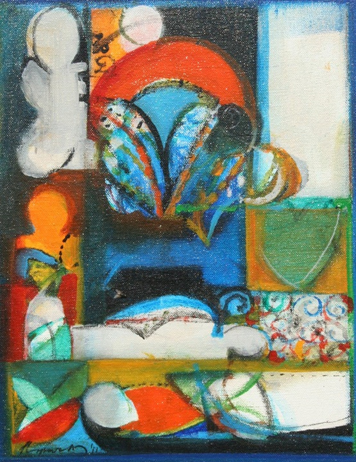 A painting of a colorful abstract painting on a blue background.