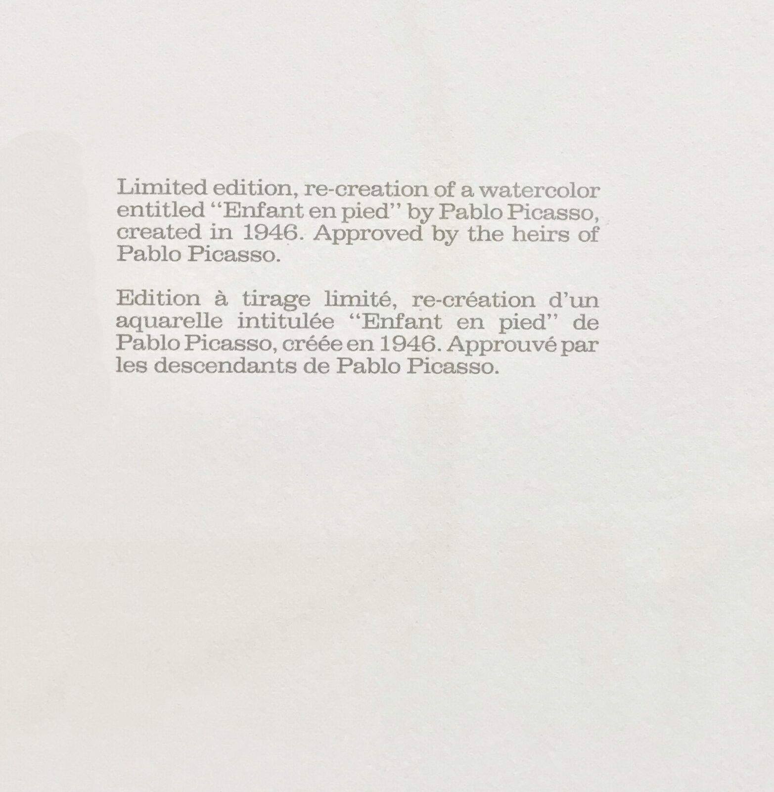 Artwork by Pablo Picasso, Enfant En Pied (Marina Picasso Estate hand signed Lithograph), Made of Lithograph On Arches Paper 