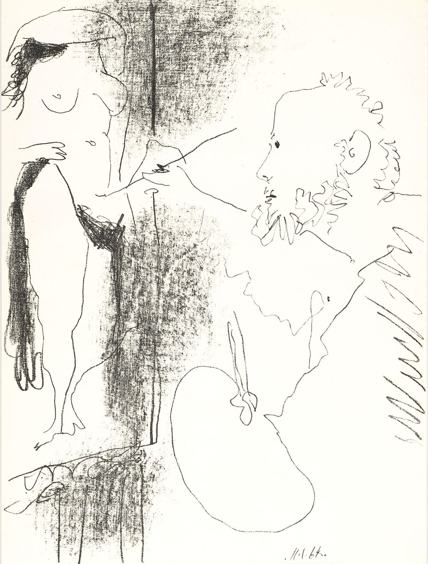 A black and white drawing of a man and a woman.