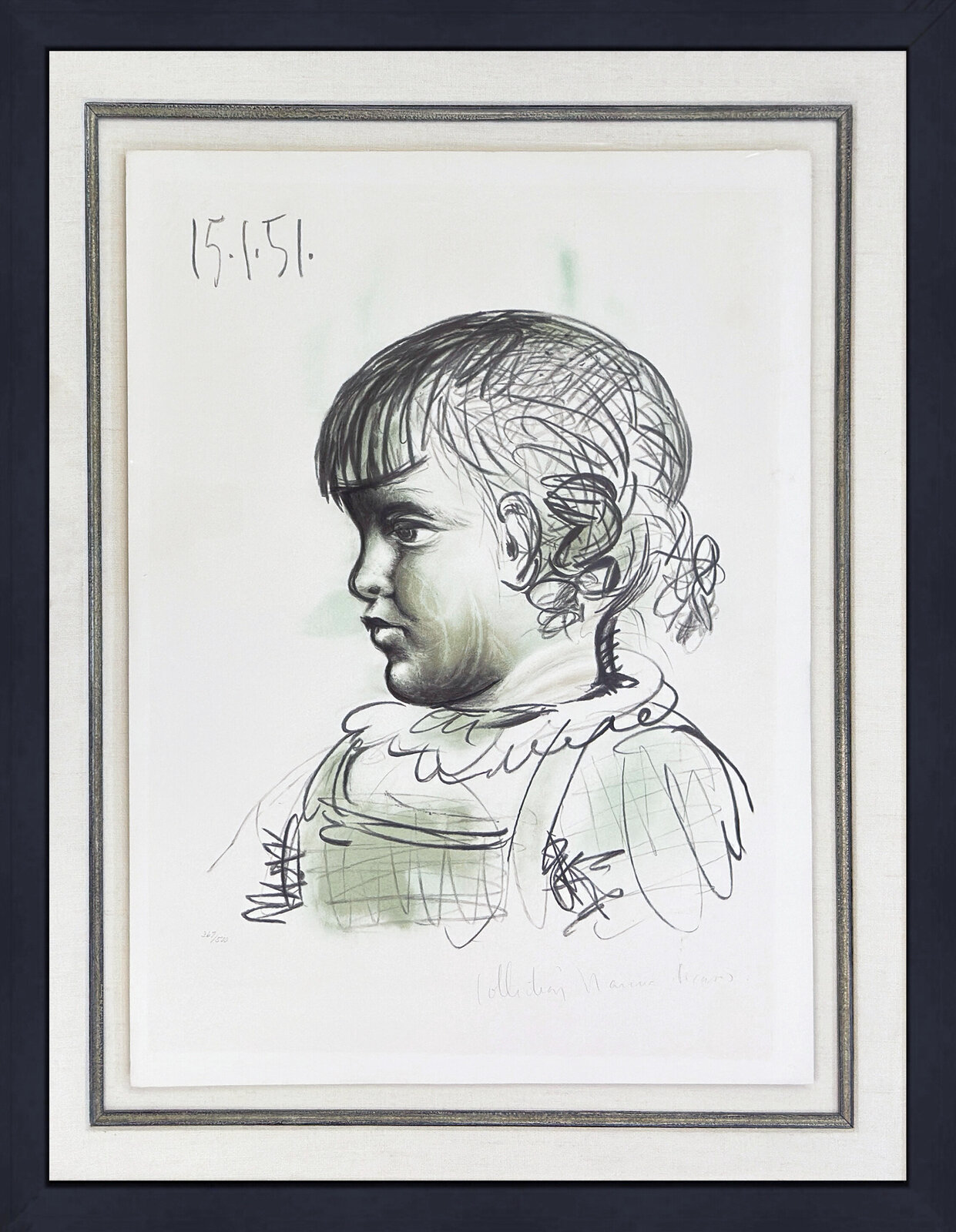 A profile portrait of a young child rendered in loose charcoal with subtle green washes.