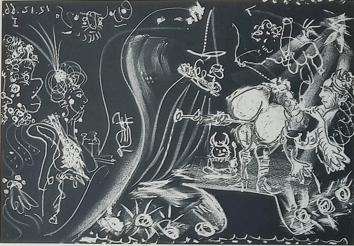 A black and white drawing of a man on a horse.