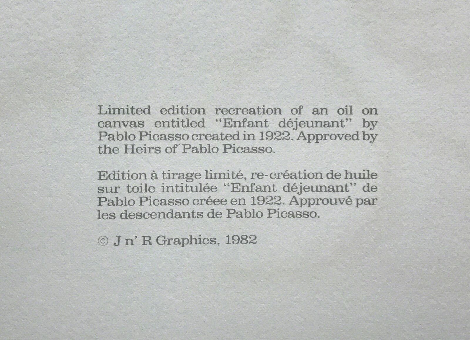 Artwork by Pablo Picasso, ENFANT DEIEUNANT, Made of Lithograph On Arches Paper 