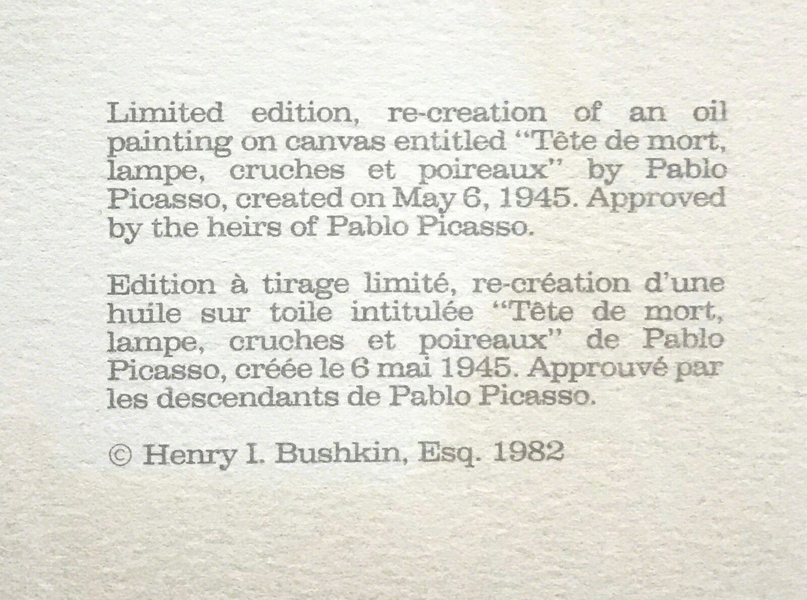 Artwork by Pablo Picasso, TETE DE MORTE, LAMPE CRUCHES ET POIREAUX, Made of Lithograph On Arches Paper 