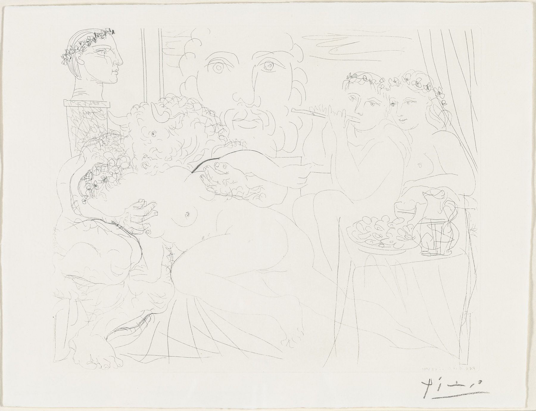 Autoportrait sous Trois Formes: Peintre Couronné, Sculpteur en Buste et Minotaure Amoureux by Pablo Picasso, 1933
