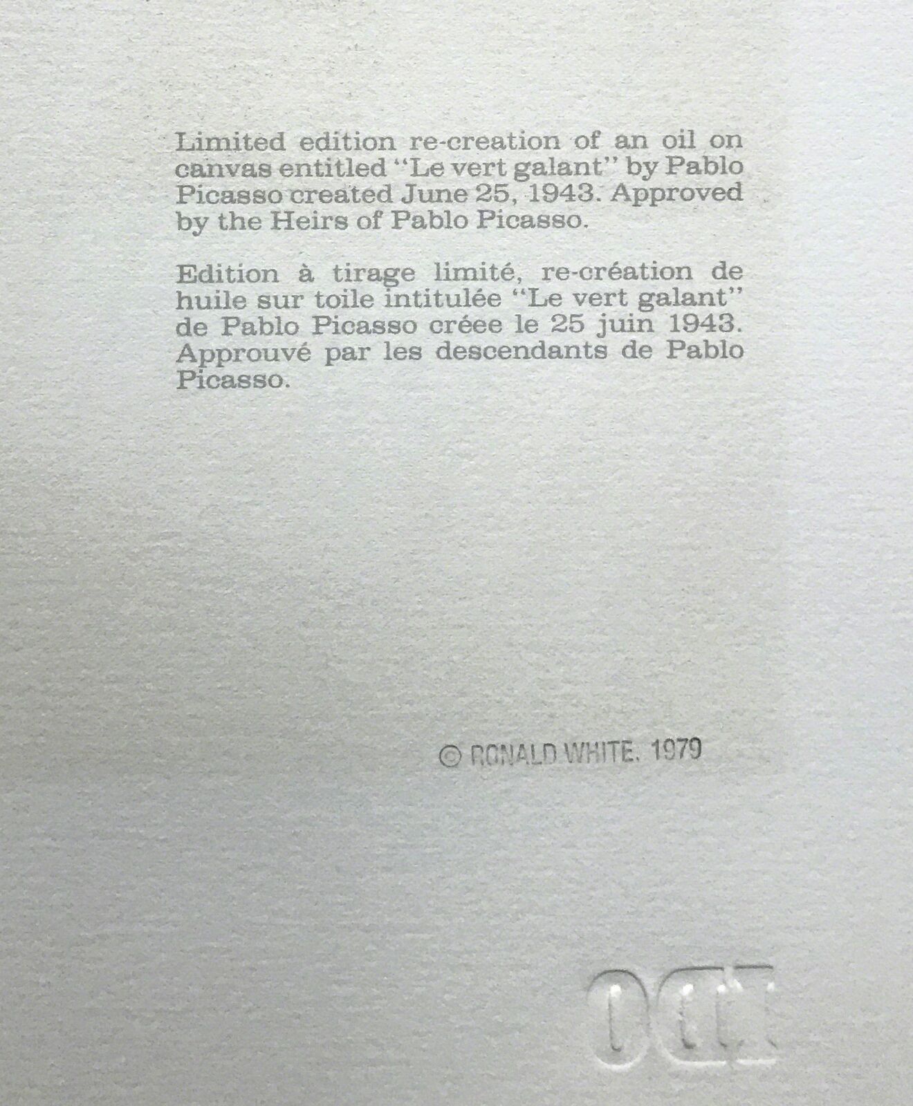 Artwork by Pablo Picasso, LE VERTE GALANT, Made of Lithograph On Arches Paper 